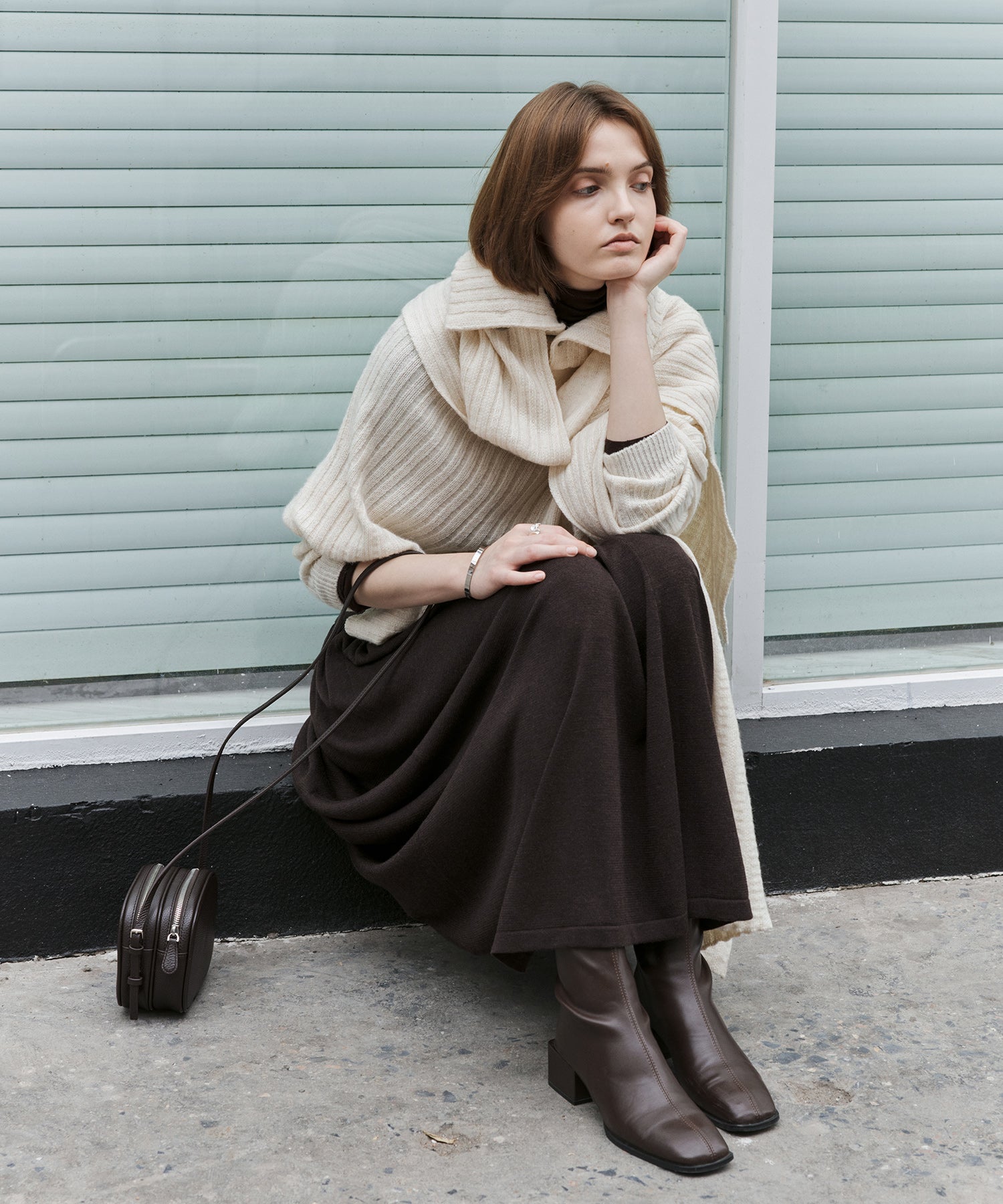 Asymmetric High-Neck Textured Knit Poncho Scarf