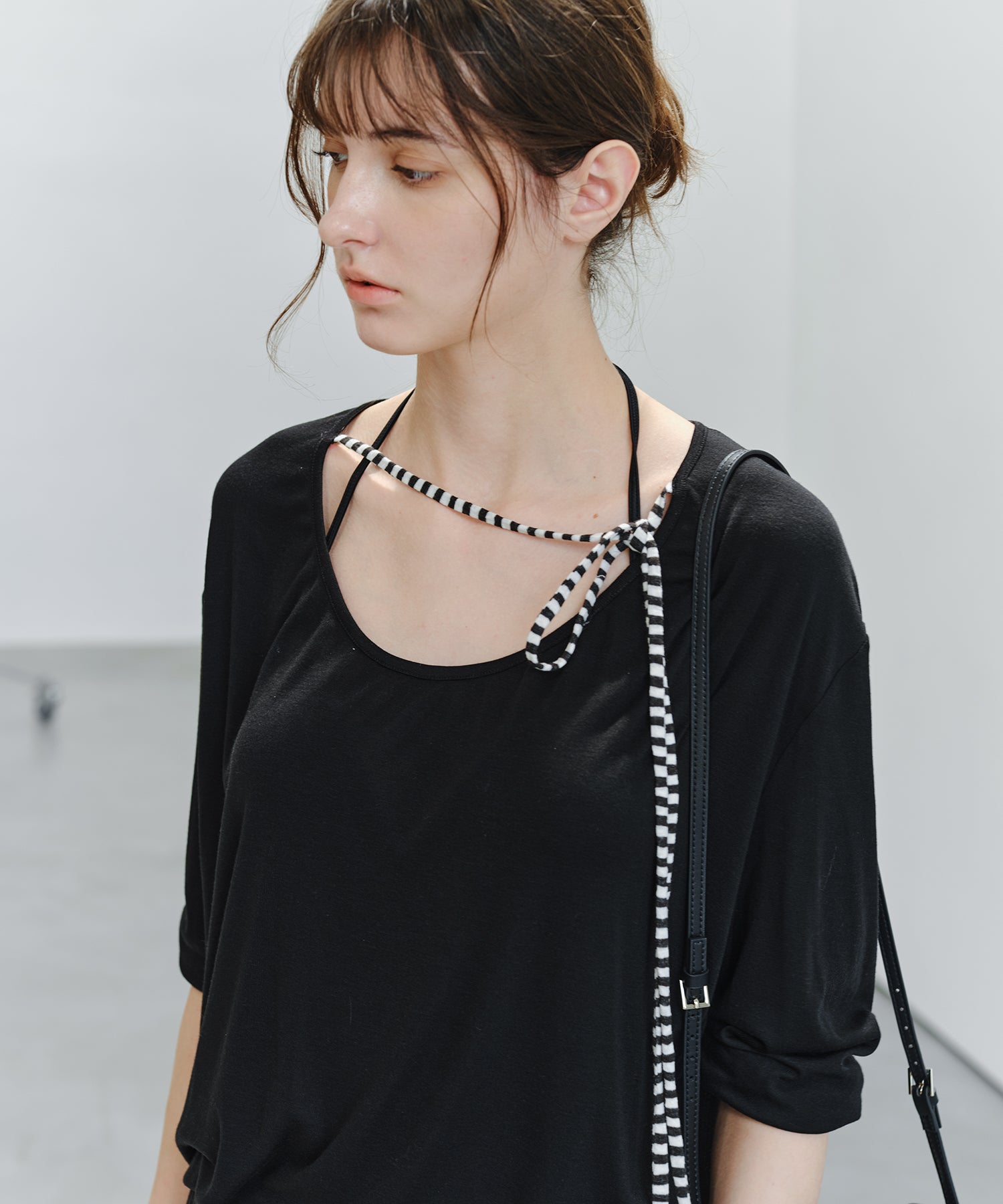 「9月下旬出荷予定」Striped Cord U-Neck Draped Top