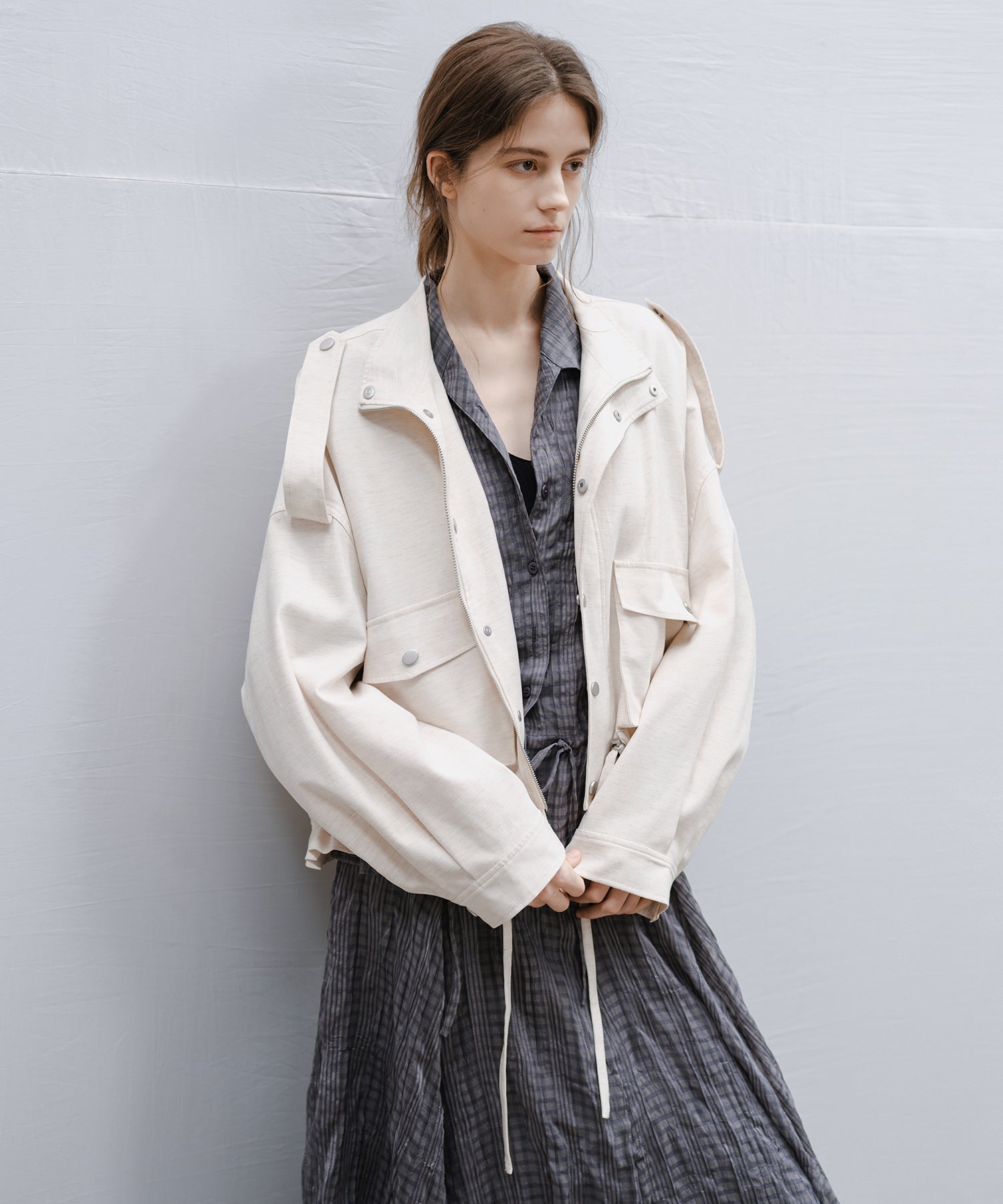 "Shipping late February to early March" Stand Collar Check Drawstring Jacket