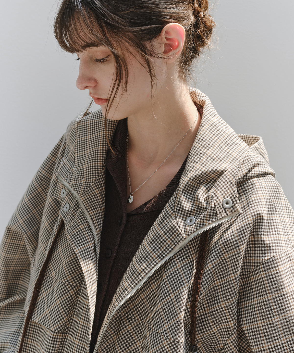 「10月下旬出荷予定」Checked Drawstring Hooded Short Jacket