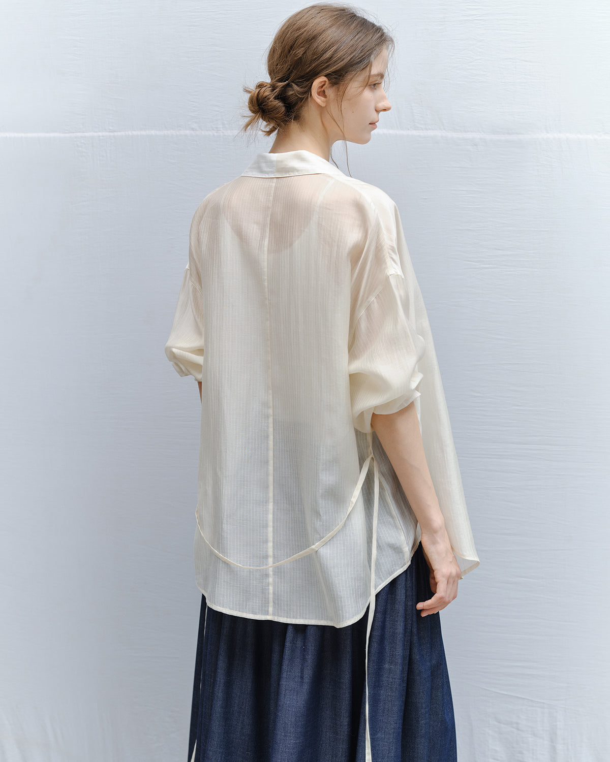 Bi-color Asymmetric Neck Sheer Shirt