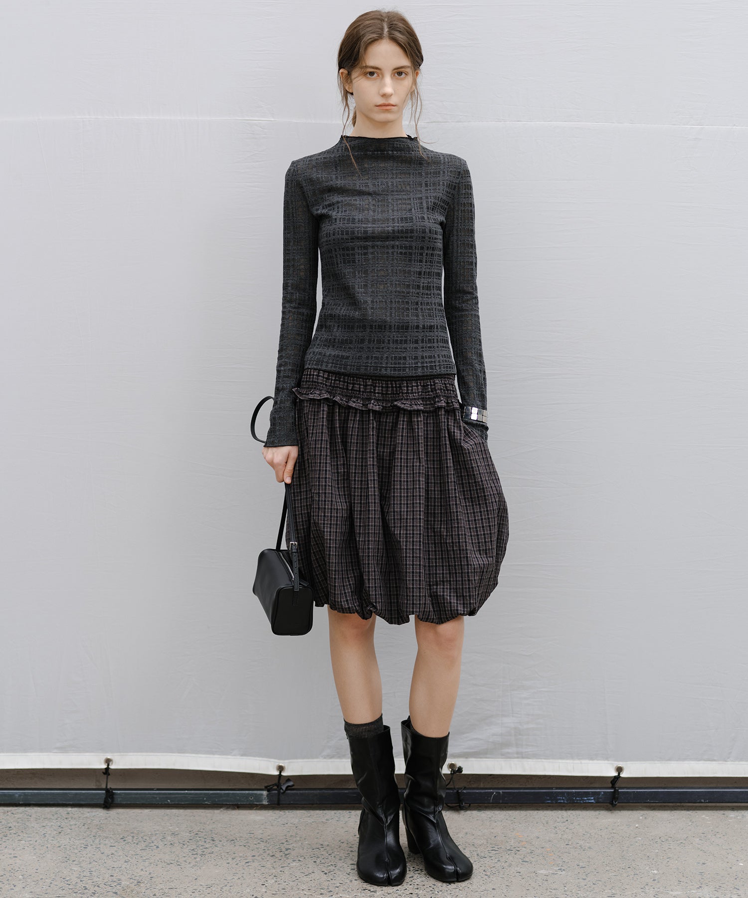 "Shipping from late February to early March" 2-way Smocked Check Bubble Skirt