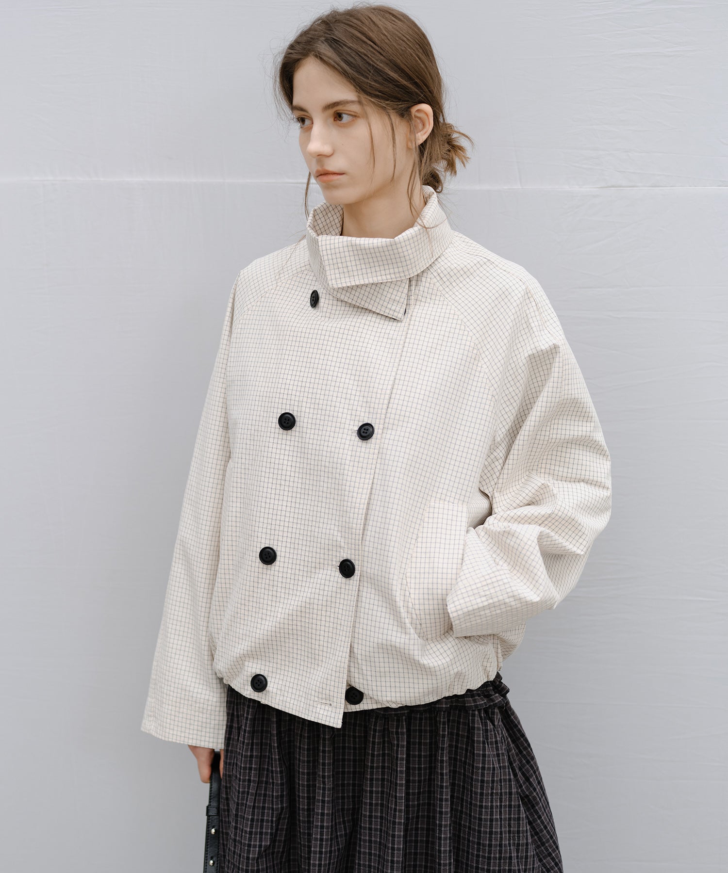 「2월 하순~3월 상순 출하」Double-Breasted Check Cropped Jacket