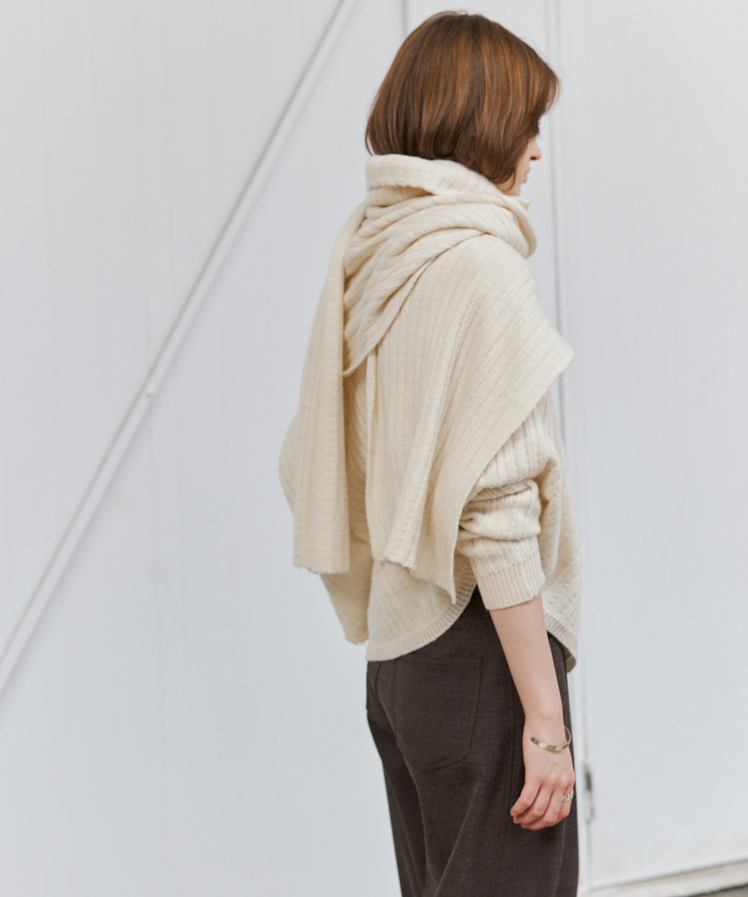 Asymmetric High-Neck Textured Knit Poncho Scarf