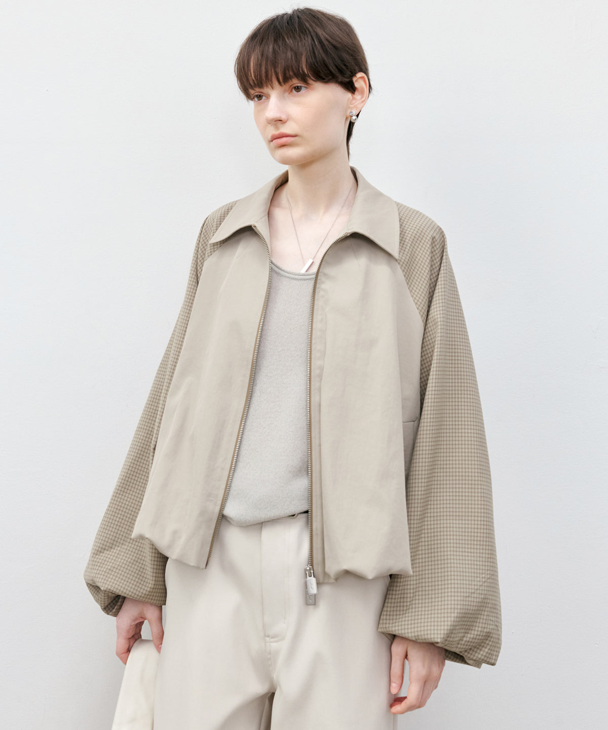 Check Panel Balloon Sleeve Short Blouson