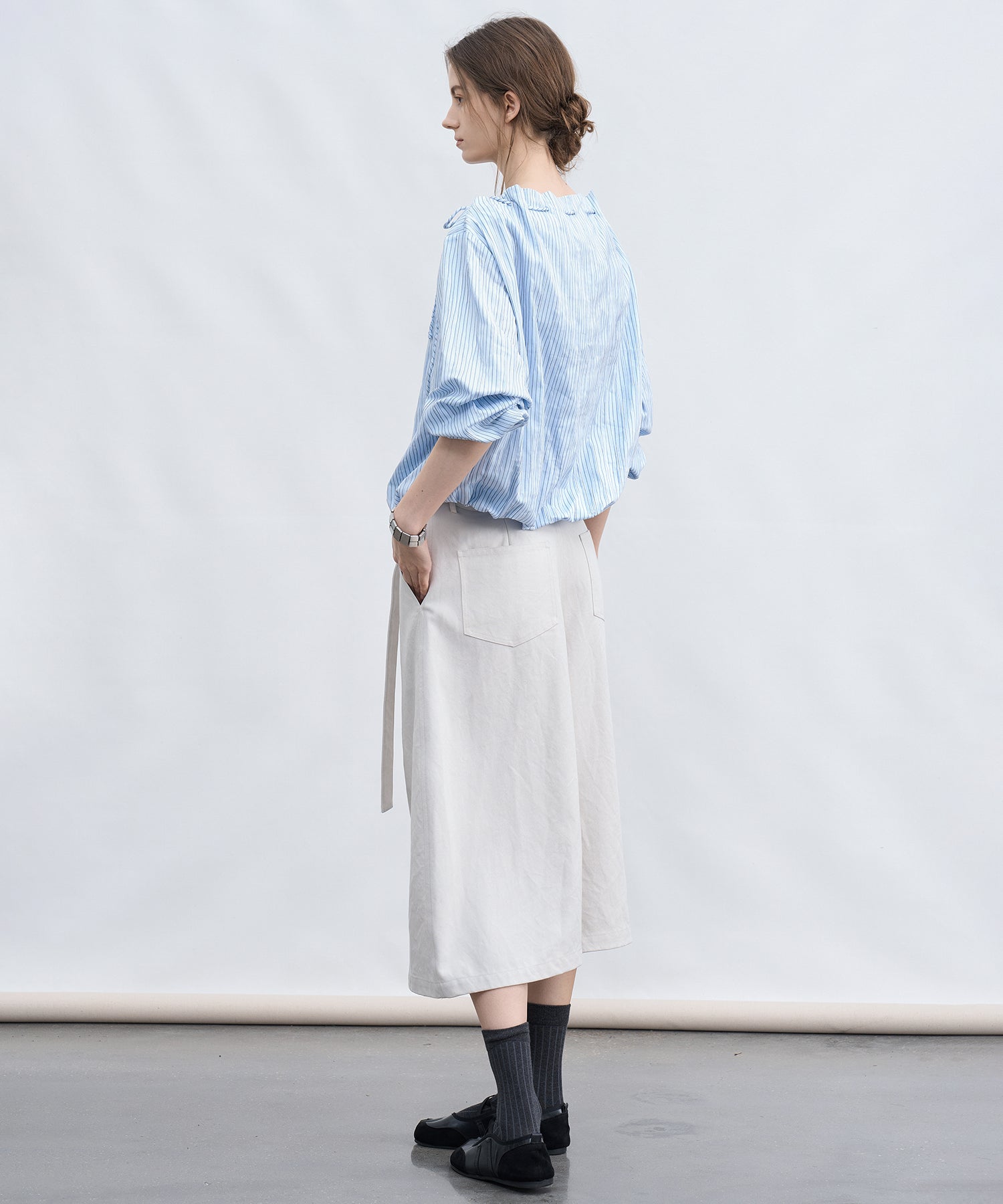 Asymmetric Off-Shoulder Drawstring Stripe Blouse
