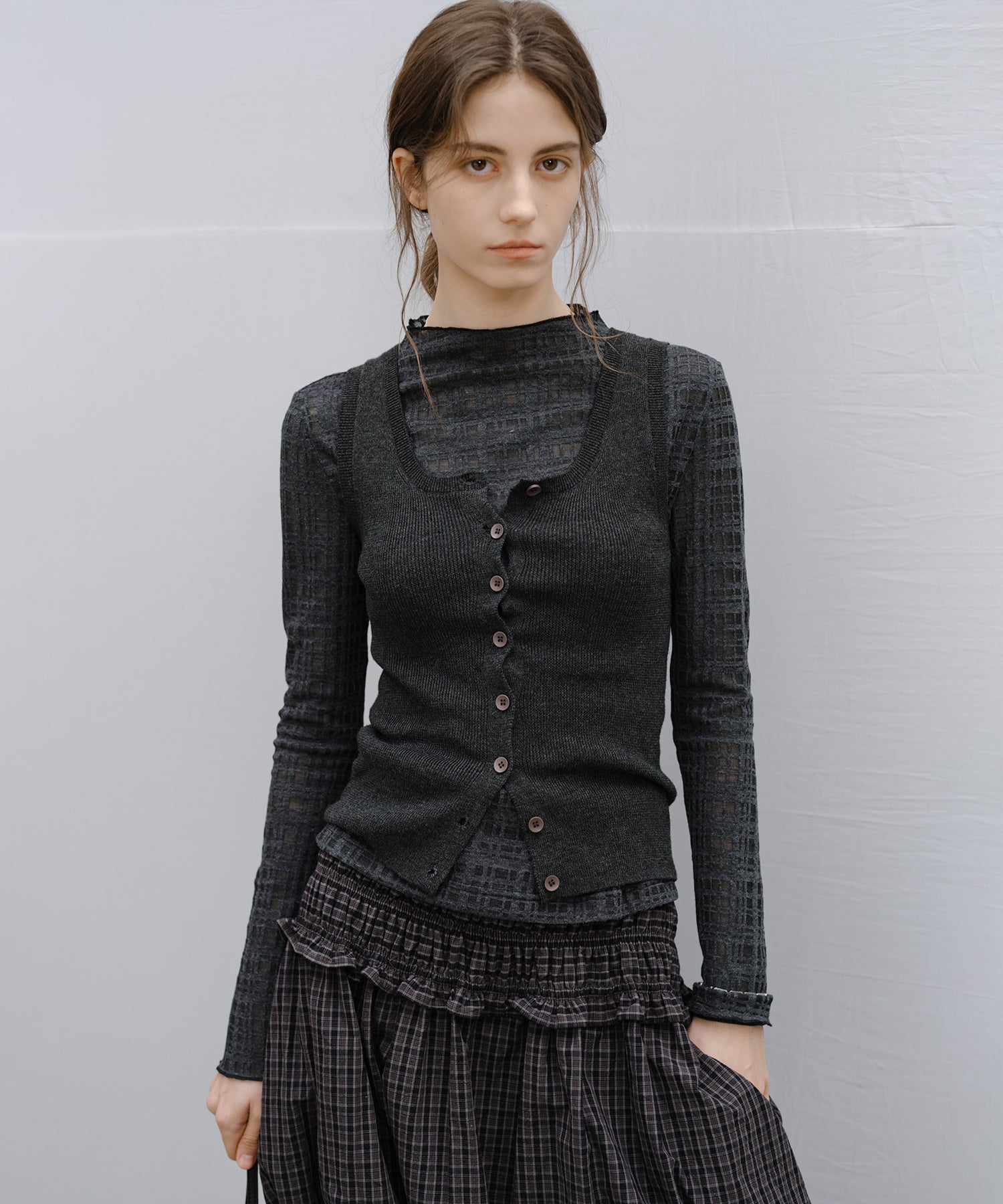 "Shipping from early to mid-March" Check Pattern Sheer Mesh Long Sleeve Top