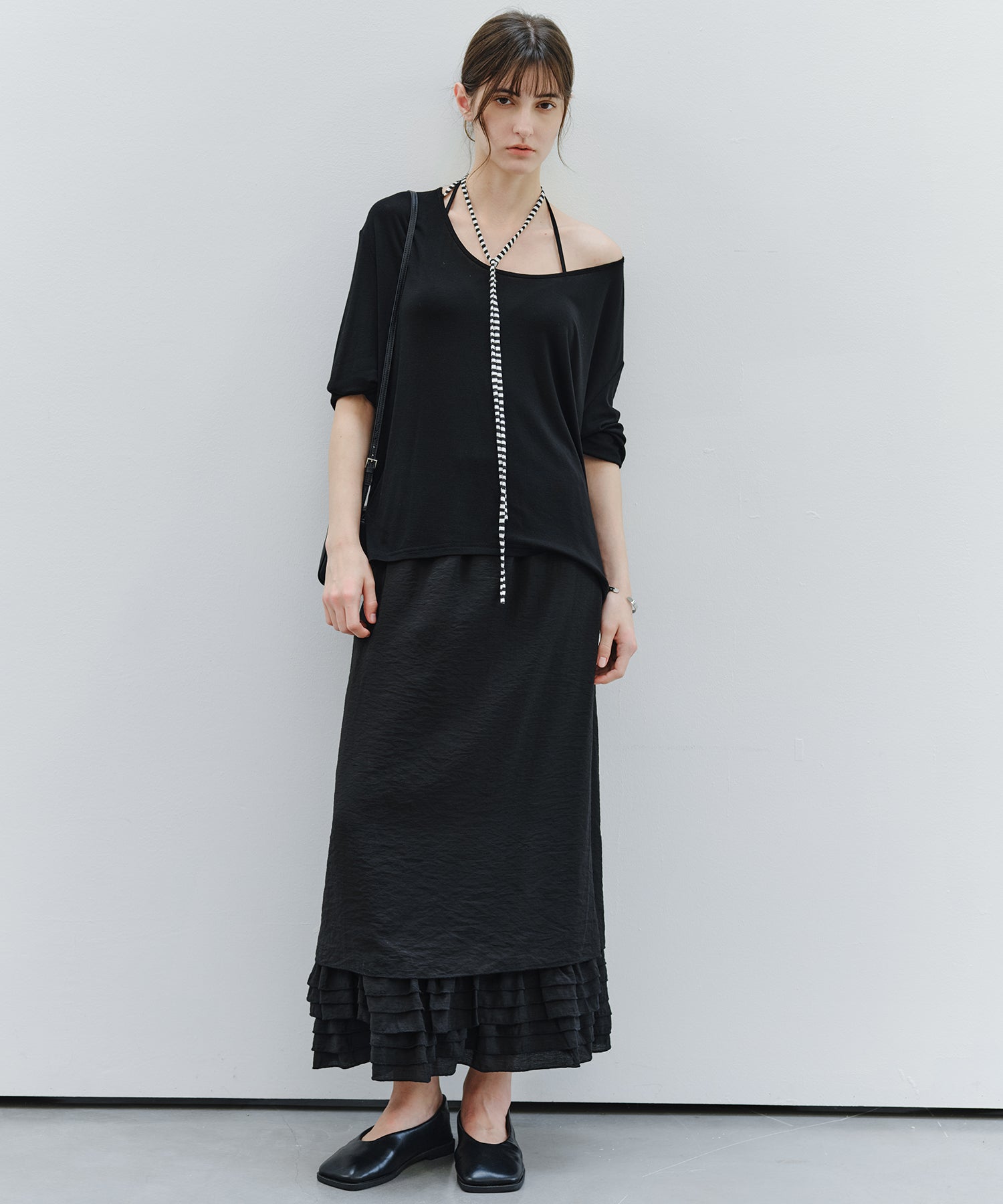「9月下旬出荷予定」Striped Cord U-Neck Draped Top