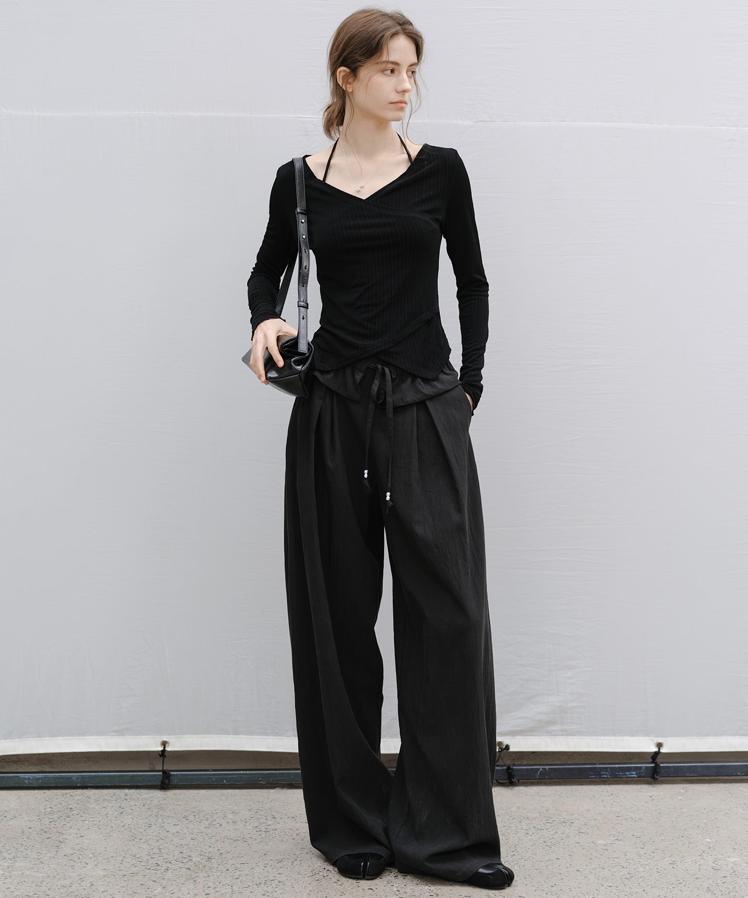 "Shipping from late February to early March" Wrap Neck Asymmetric Hem Top