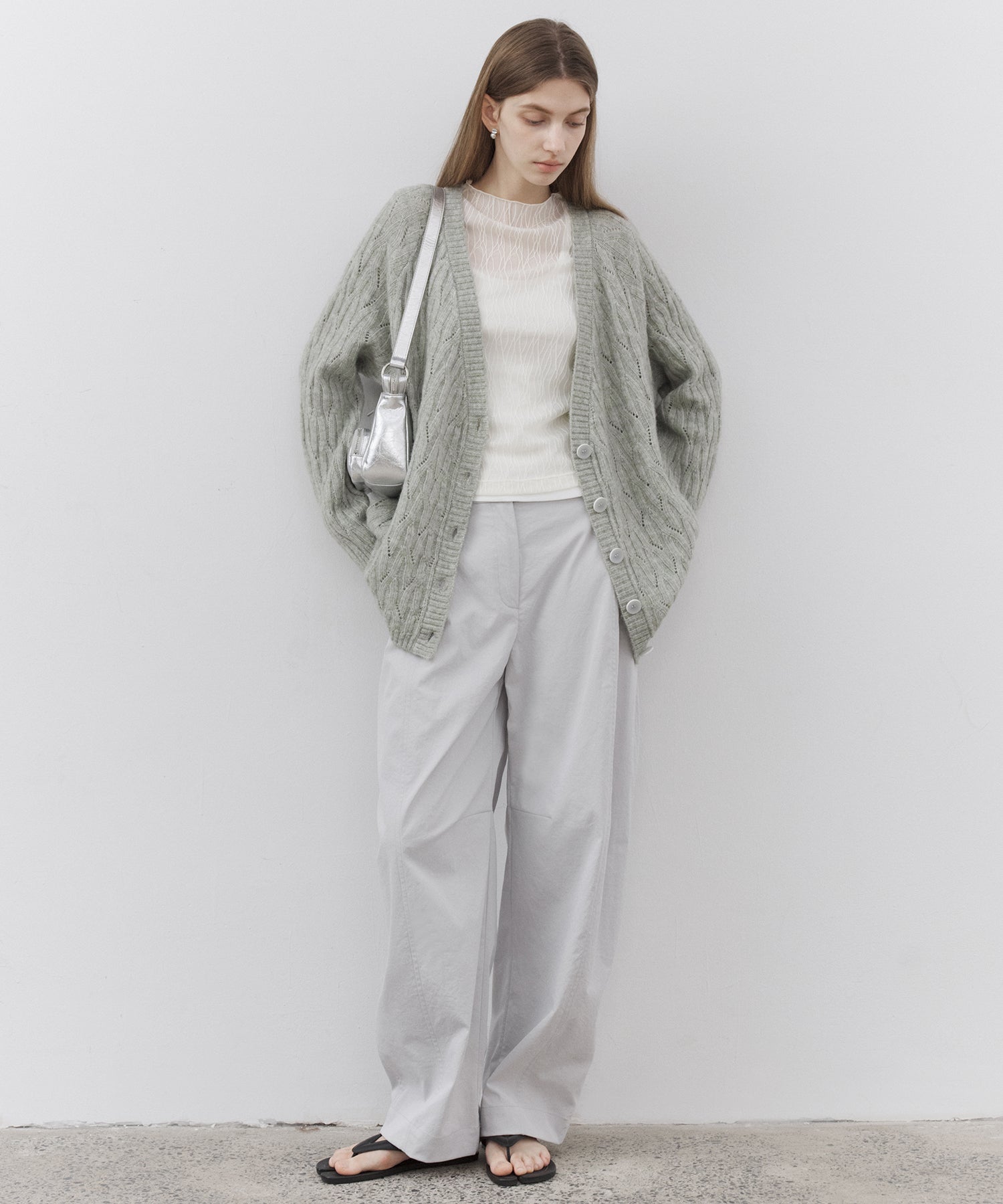 Sheer Jacquard High-Neck Long Sleeve Top