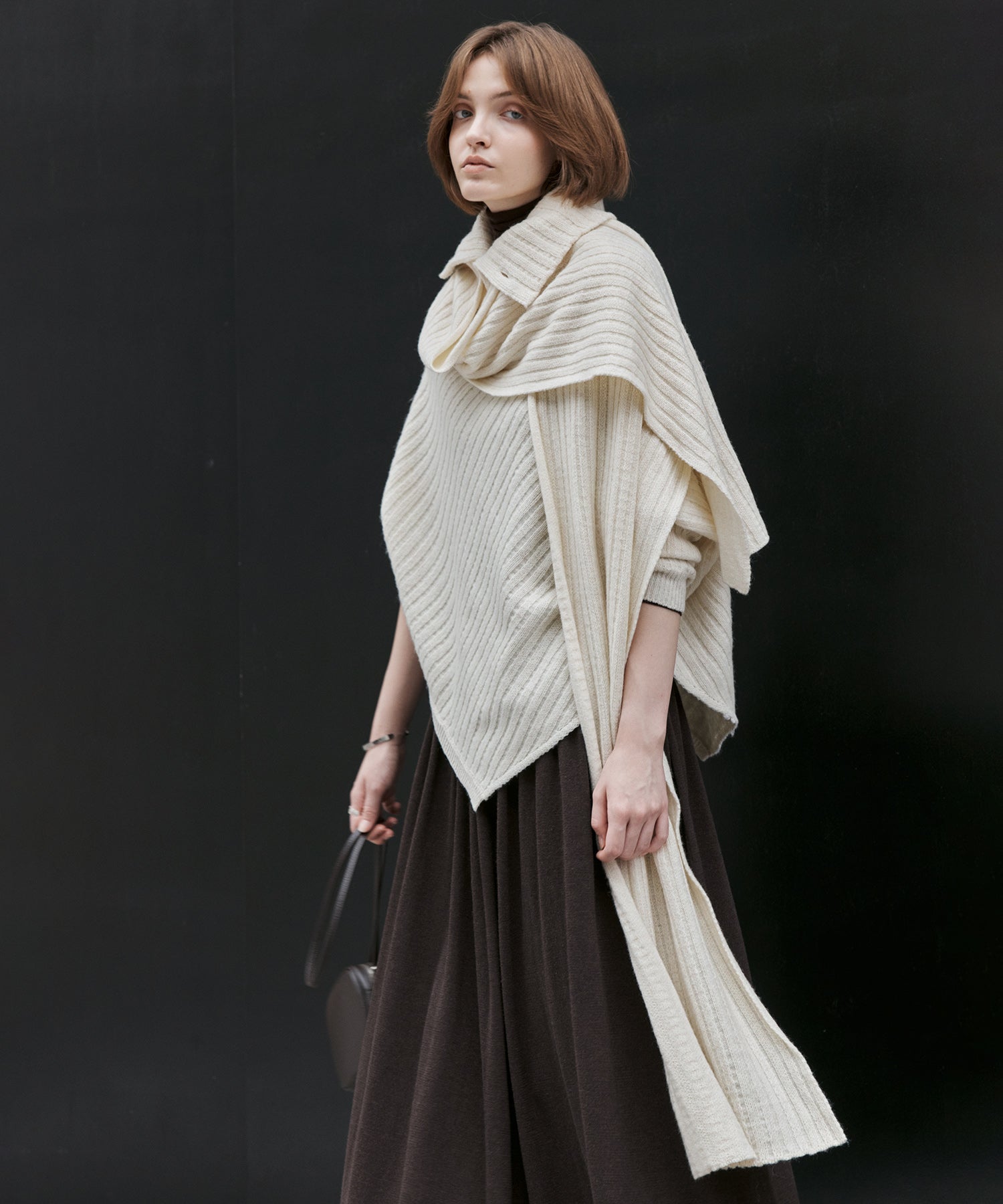 Asymmetric High-Neck Textured Knit Poncho Scarf