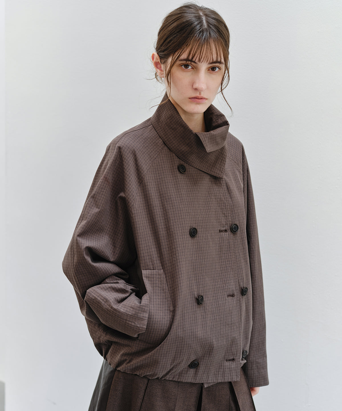 「2월 하순~3월 상순 출하」Double-Breasted Check Cropped Jacket