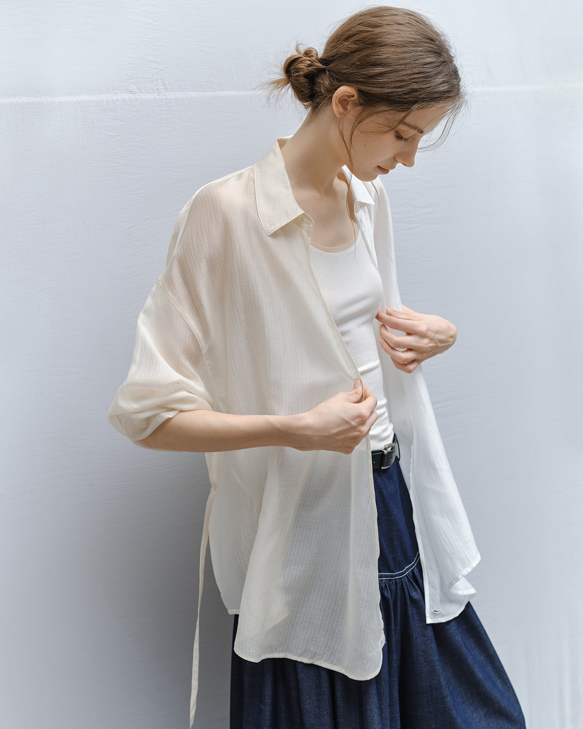 Bi-color Asymmetric Neck Sheer Shirt