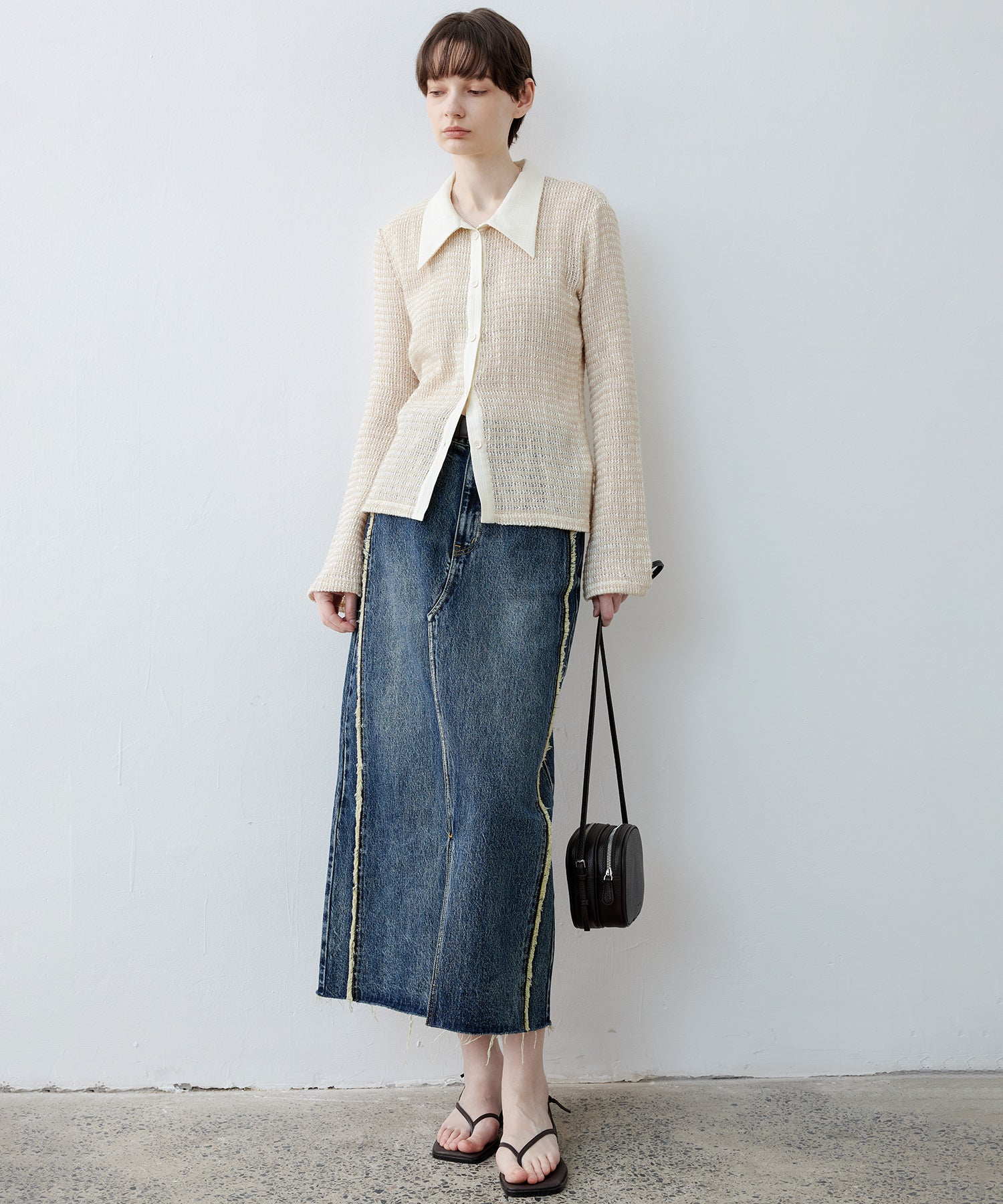 Two-Tone Openwork Knit Shirt Blouse