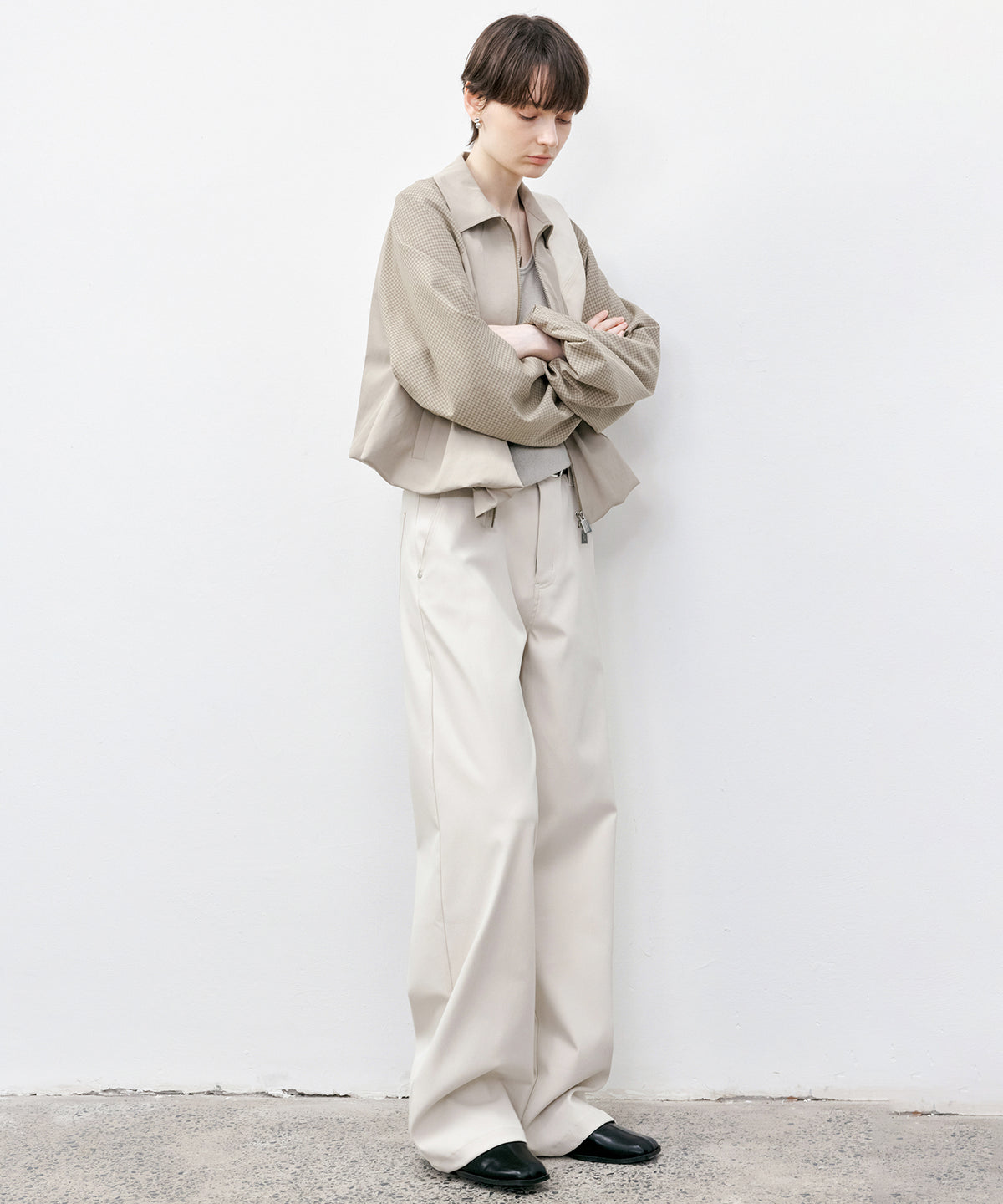 Check Panel Balloon Sleeve Short Blouson