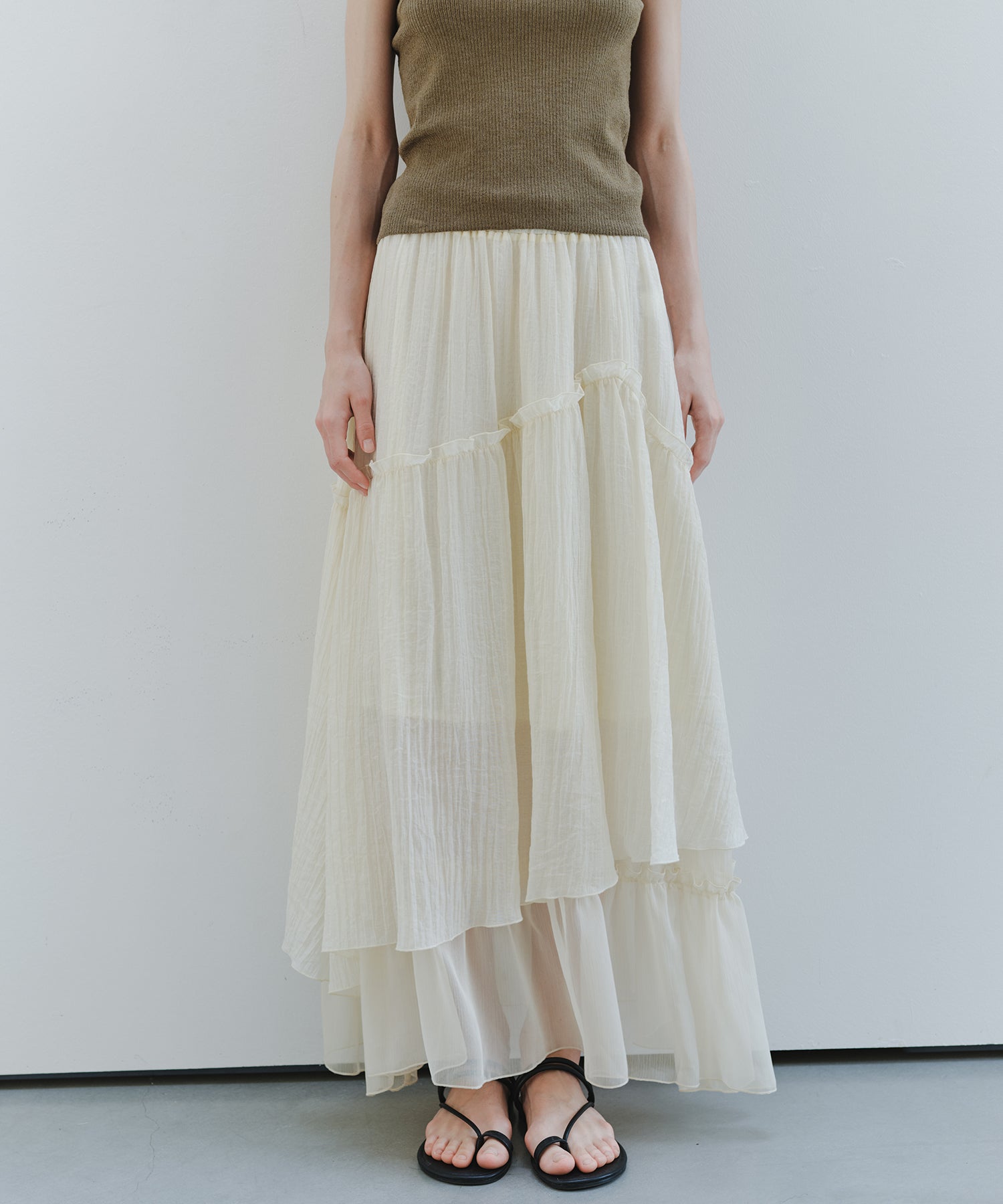 「7月上旬～中旬出荷」Sheer Panel Tiered Flare Skirt