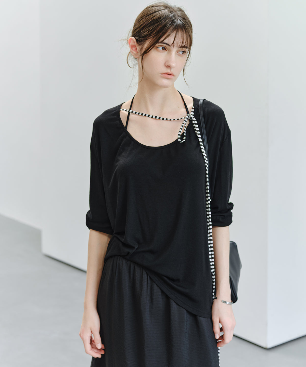 「9月下旬出荷予定」Striped Cord U-Neck Draped Top