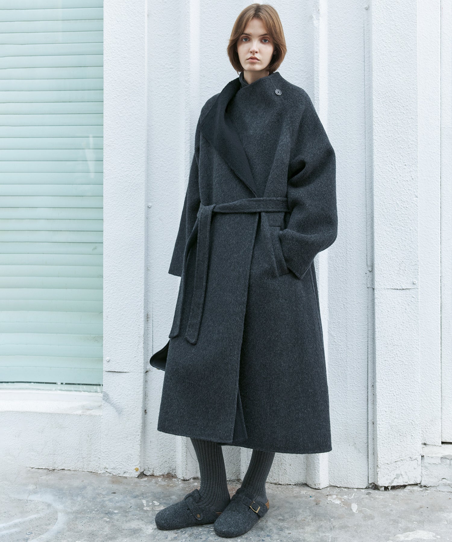 100% Wool Overlap Collar Double-Faced Long Coat
