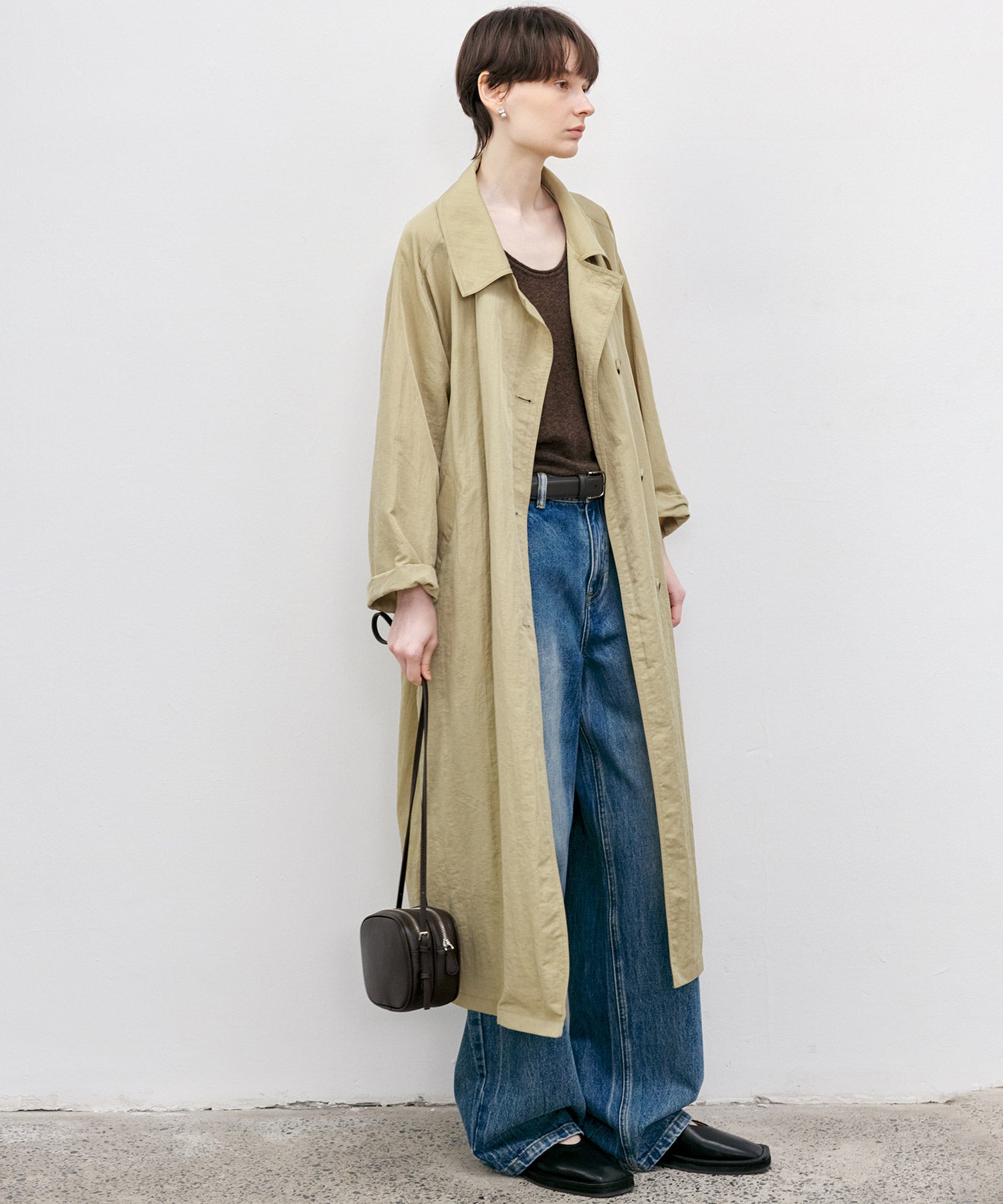 Lightweight Crinkled Fabric Longline Coat with Detachable Belt