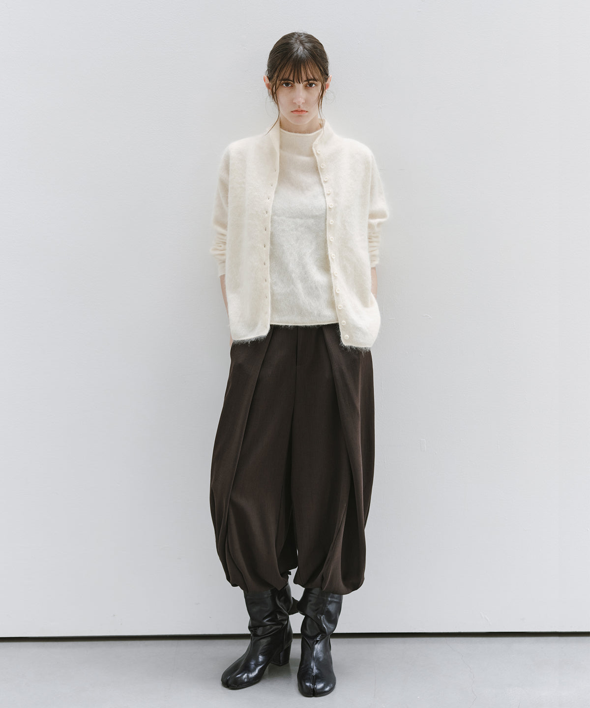Brushed Cashmere-Blend High Neck Knit Cardigan