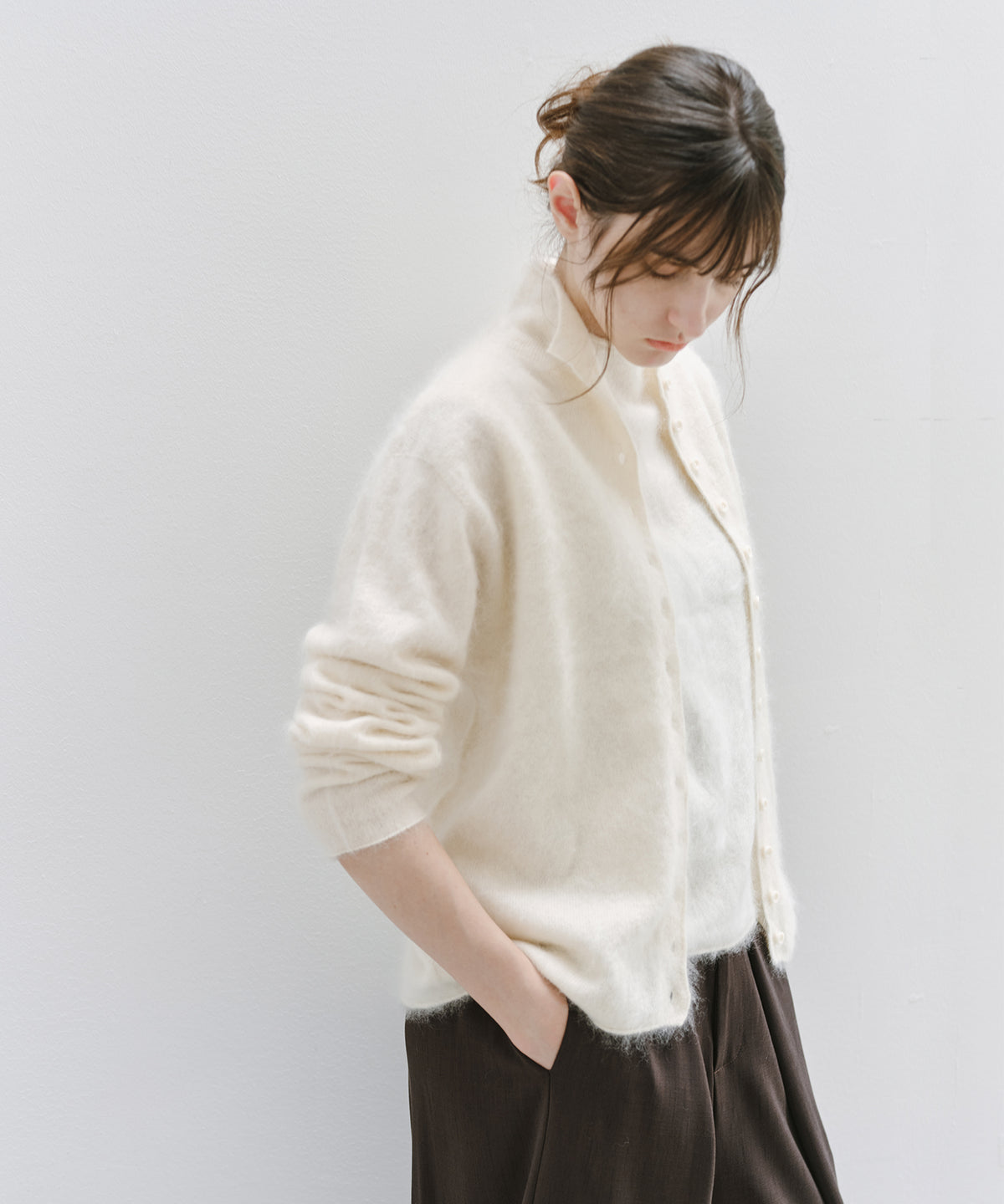 Brushed Cashmere-Blend High Neck Knit Cardigan