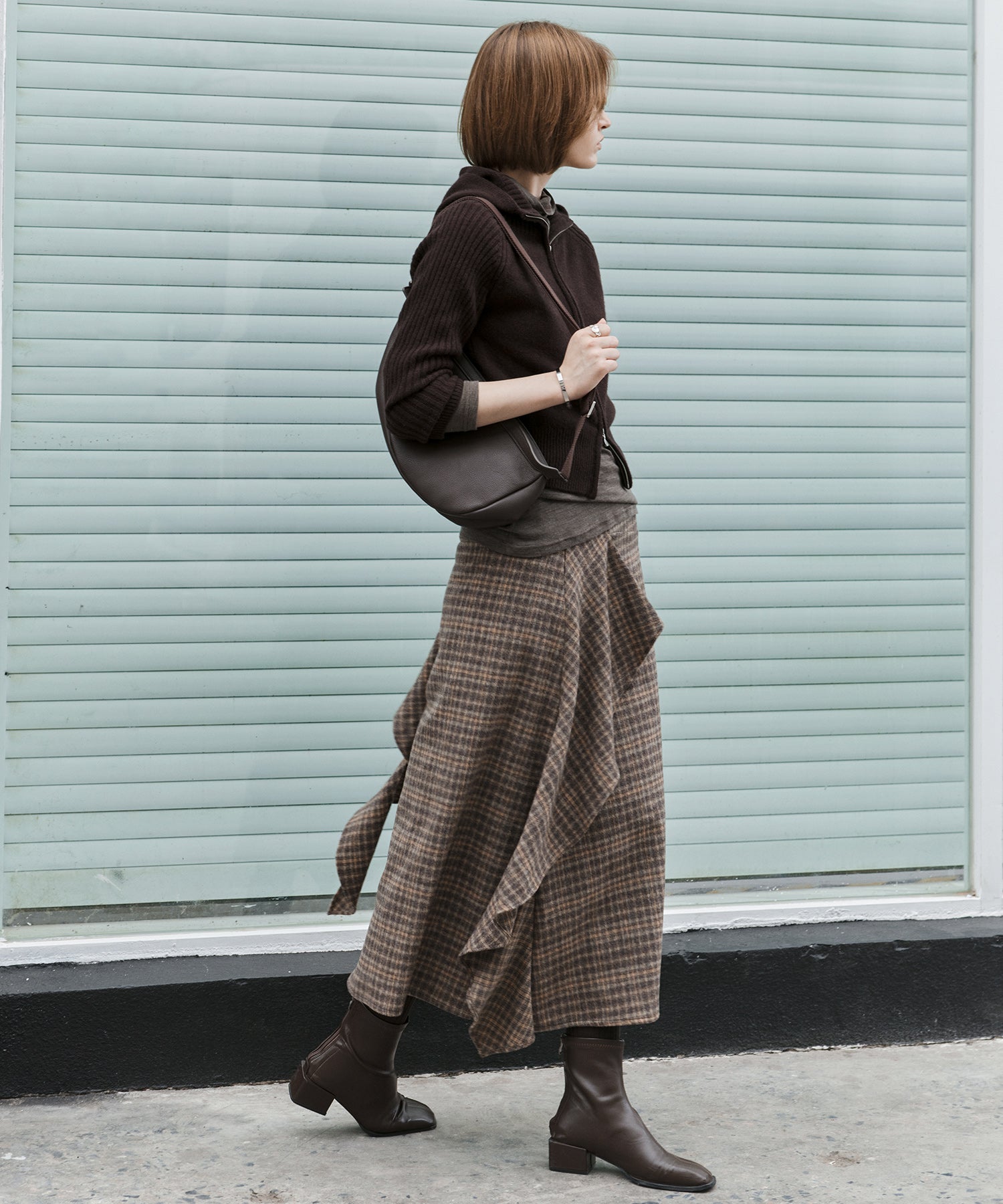 Wool Blend Irregular Flake Detail Yarn-Dyed Vintage Check Brushed A-Line Midi Skirt
