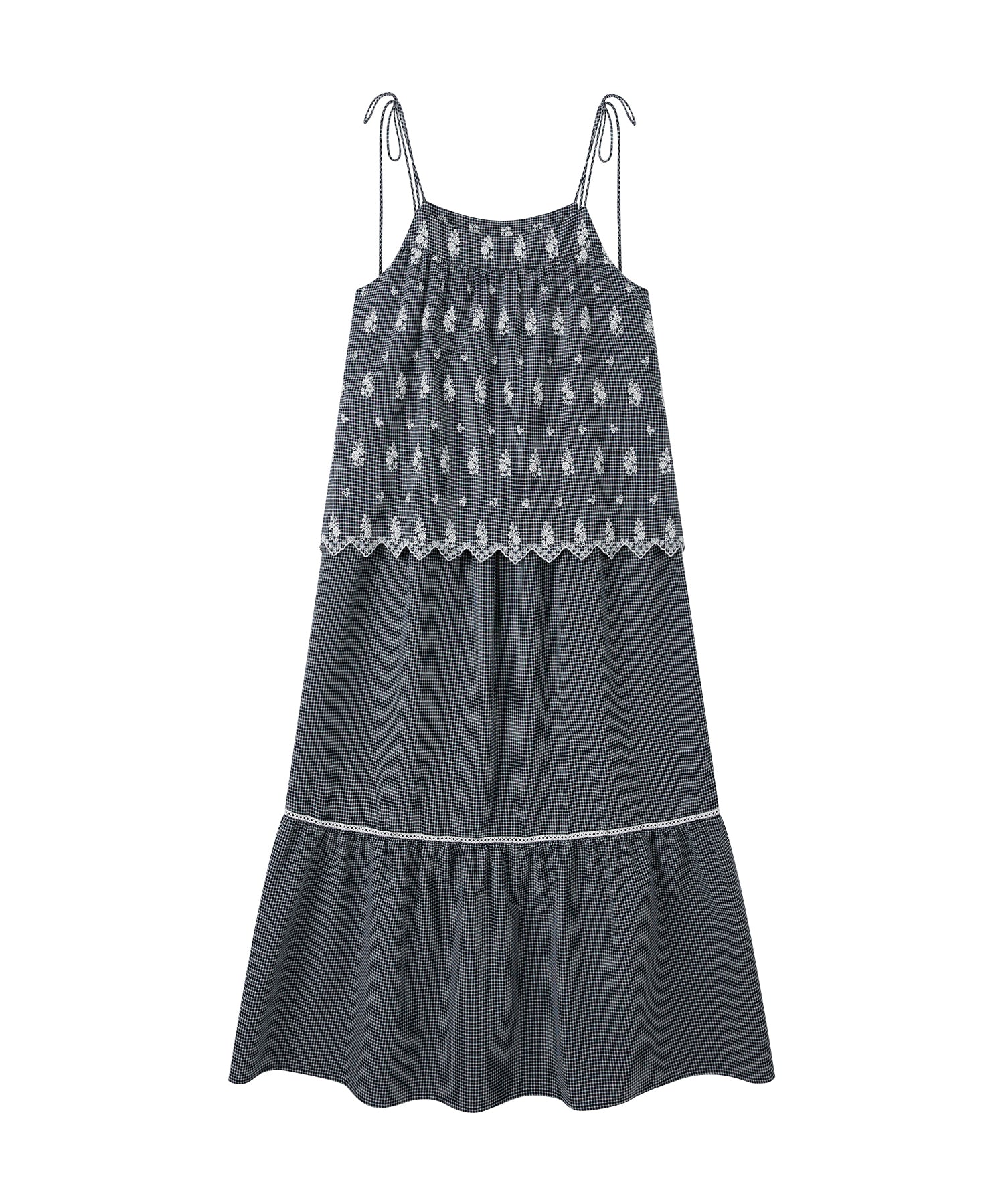 「8月中旬～下旬出荷」Embroidered Gingham Tiered Cami Dress