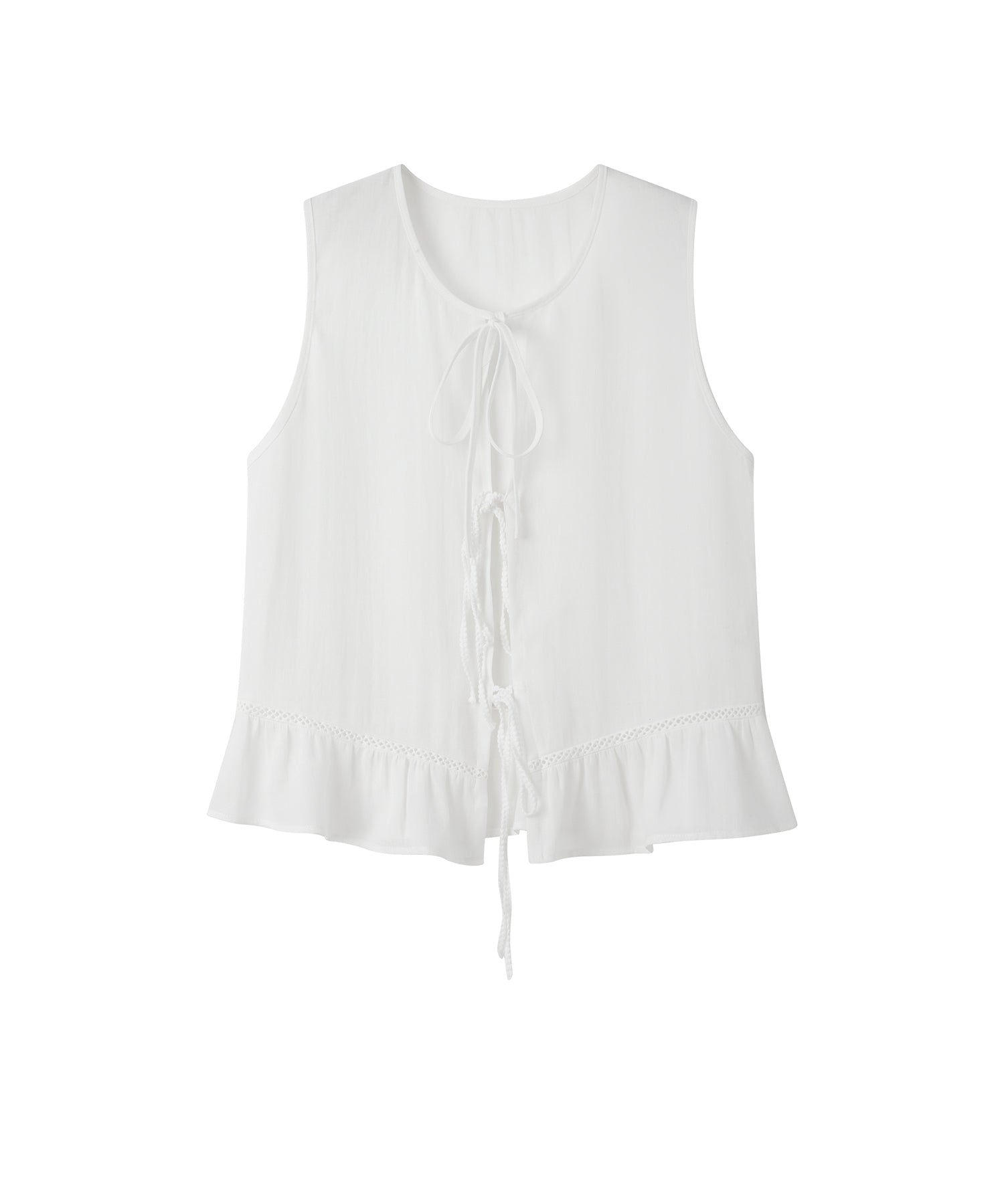 「8月中旬～下旬出荷」Linen Blend Front Tie Ruffle Sleeveless Vest