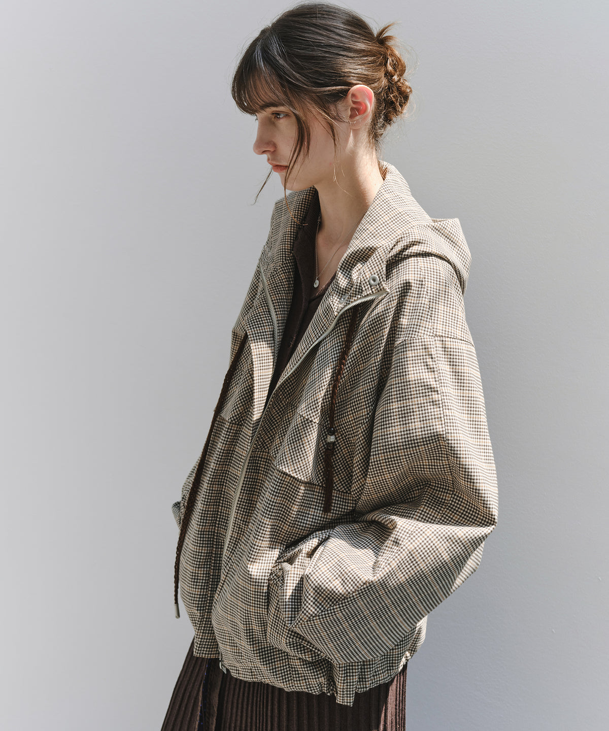 「10月下旬出荷予定」Checked Drawstring Hooded Short Jacket
