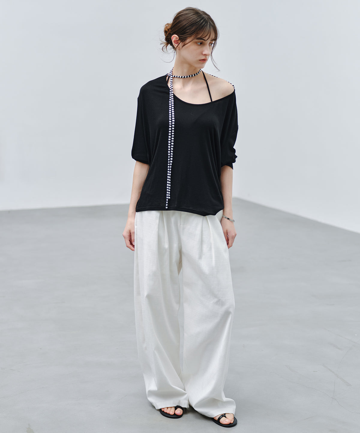「9月下旬出荷予定」Striped Cord U-Neck Draped Top