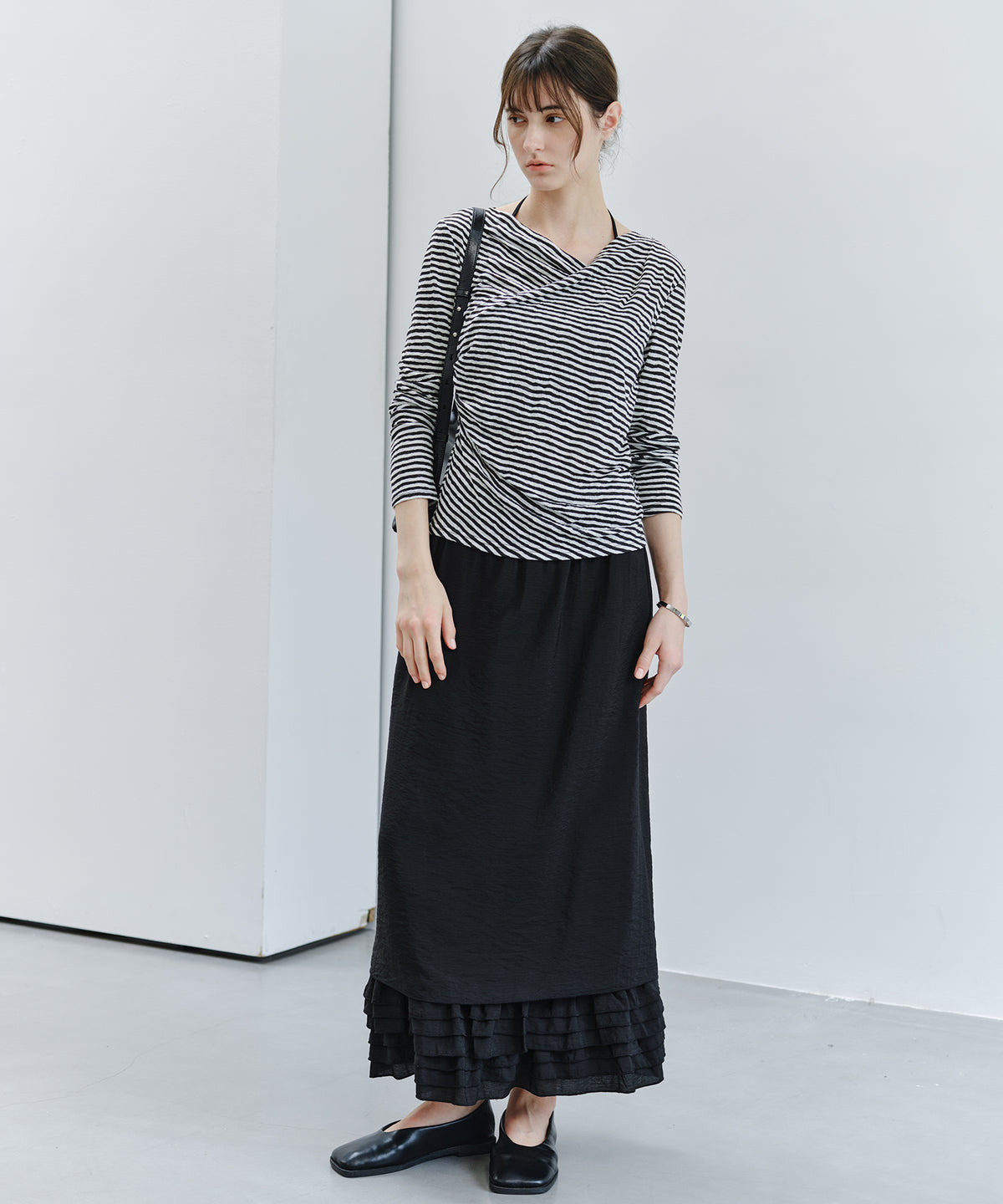 「9月下旬出荷予定」Cross Drape Neck Striped Long Sleeve Top