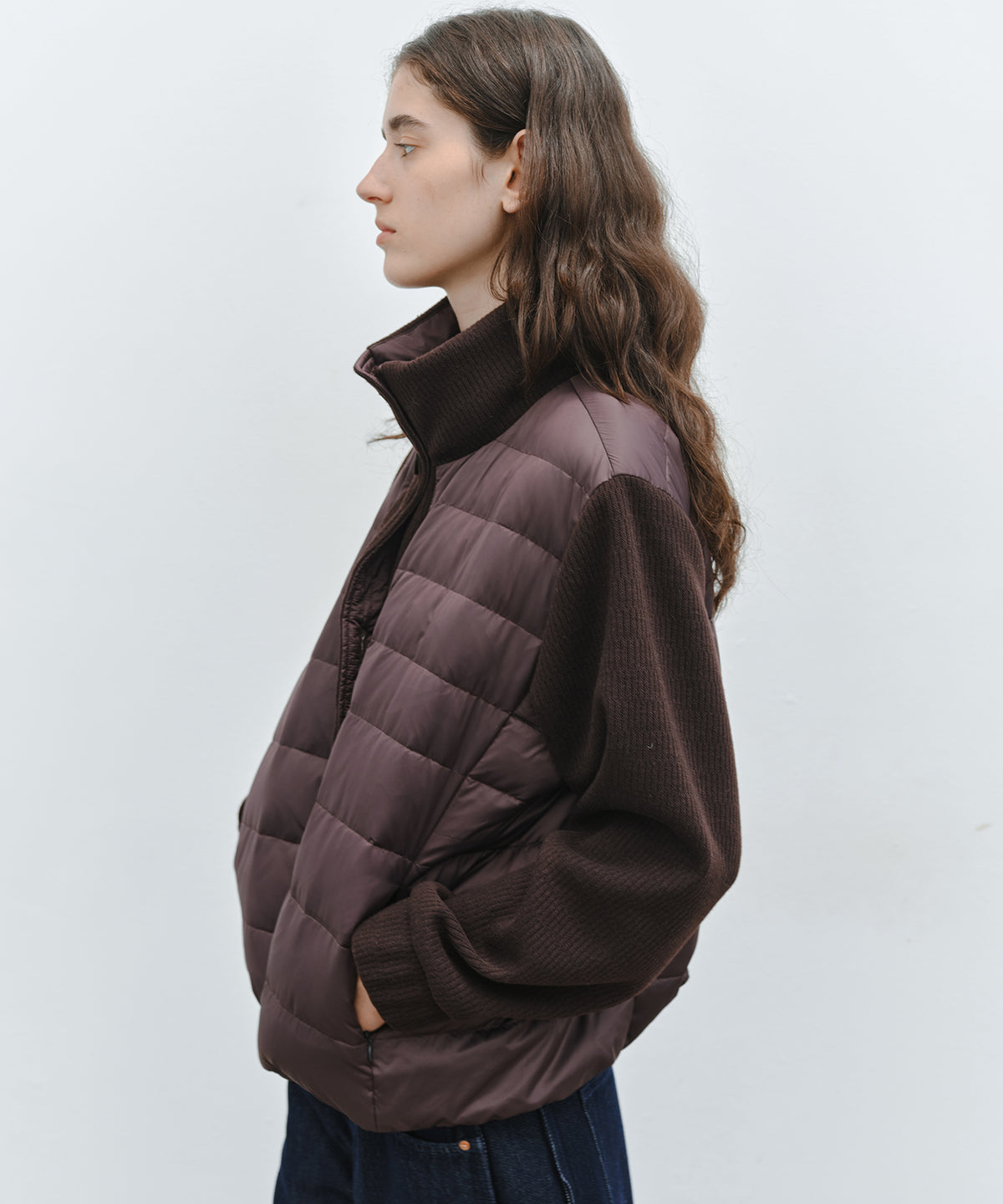 「10月下旬出荷予定」Knit Sleeve Panelled Lightweight Short Down Jacket