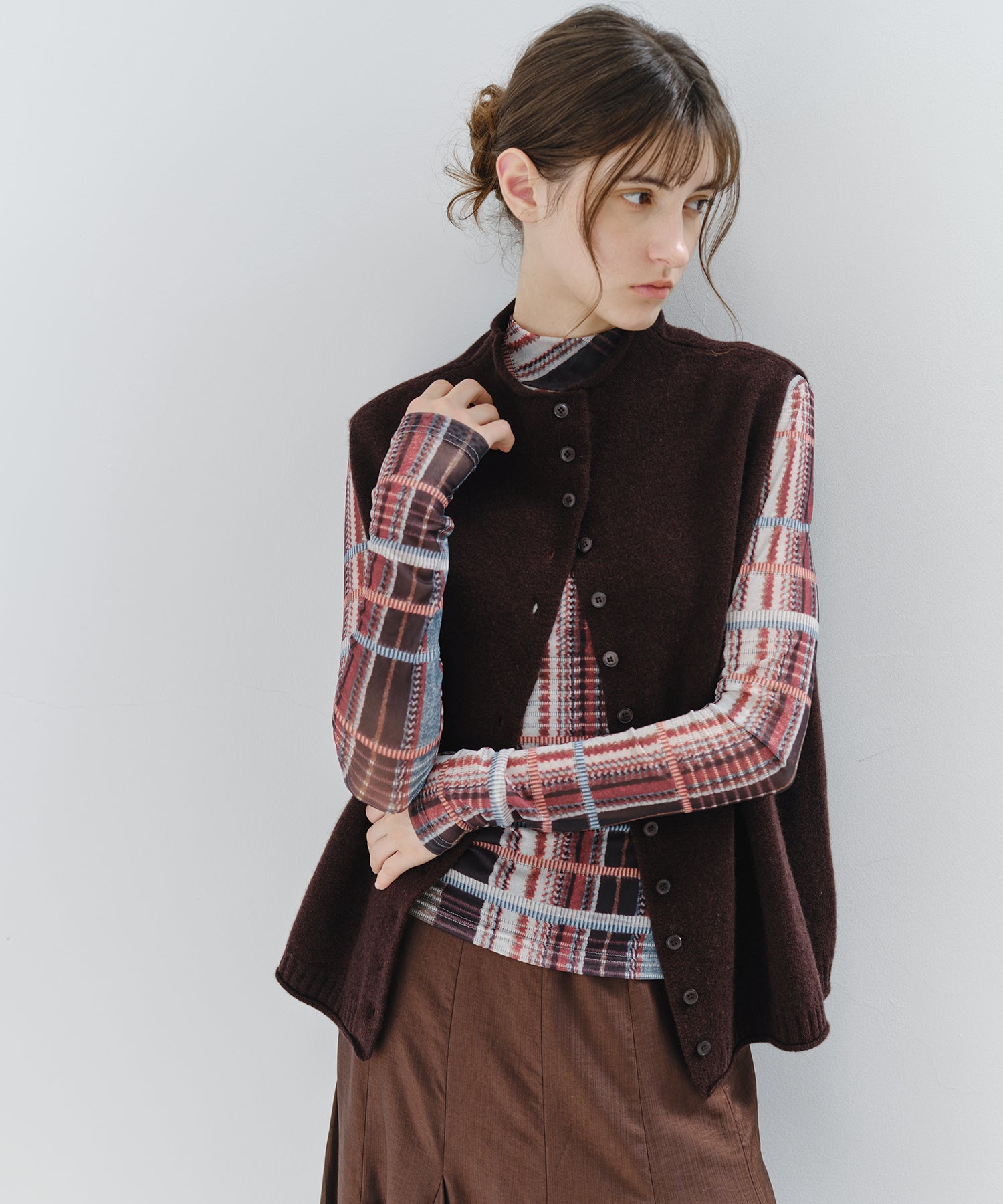 「9月下旬出荷予定」Vintage Check Sheer High Neck Top