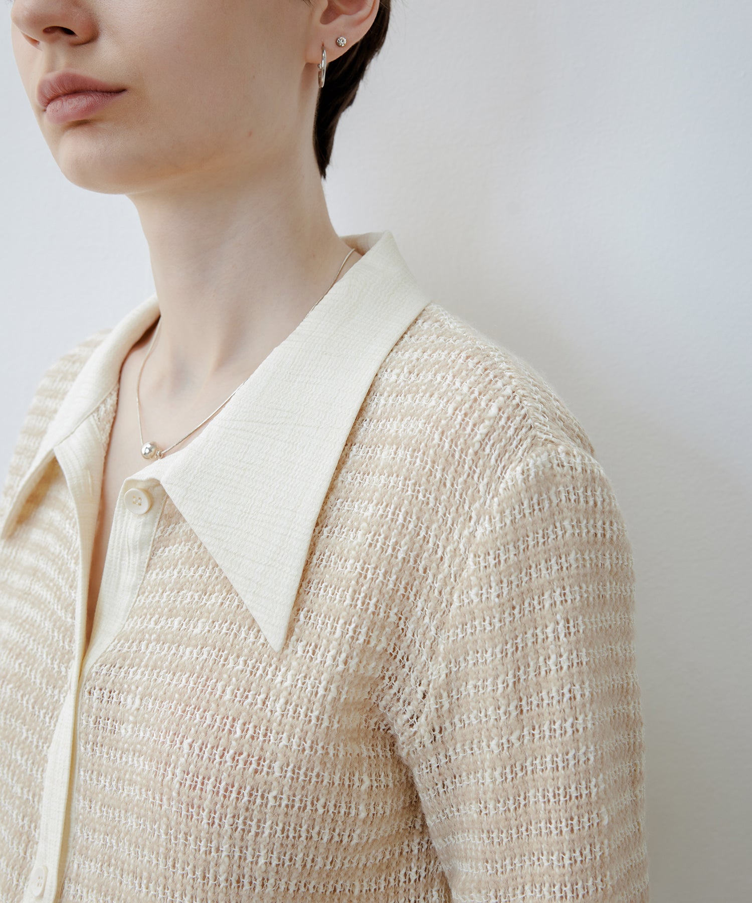 Two-Tone Openwork Knit Shirt Blouse