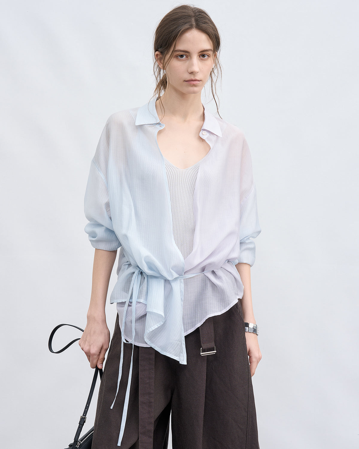 Bi-color Asymmetric Neck Sheer Shirt