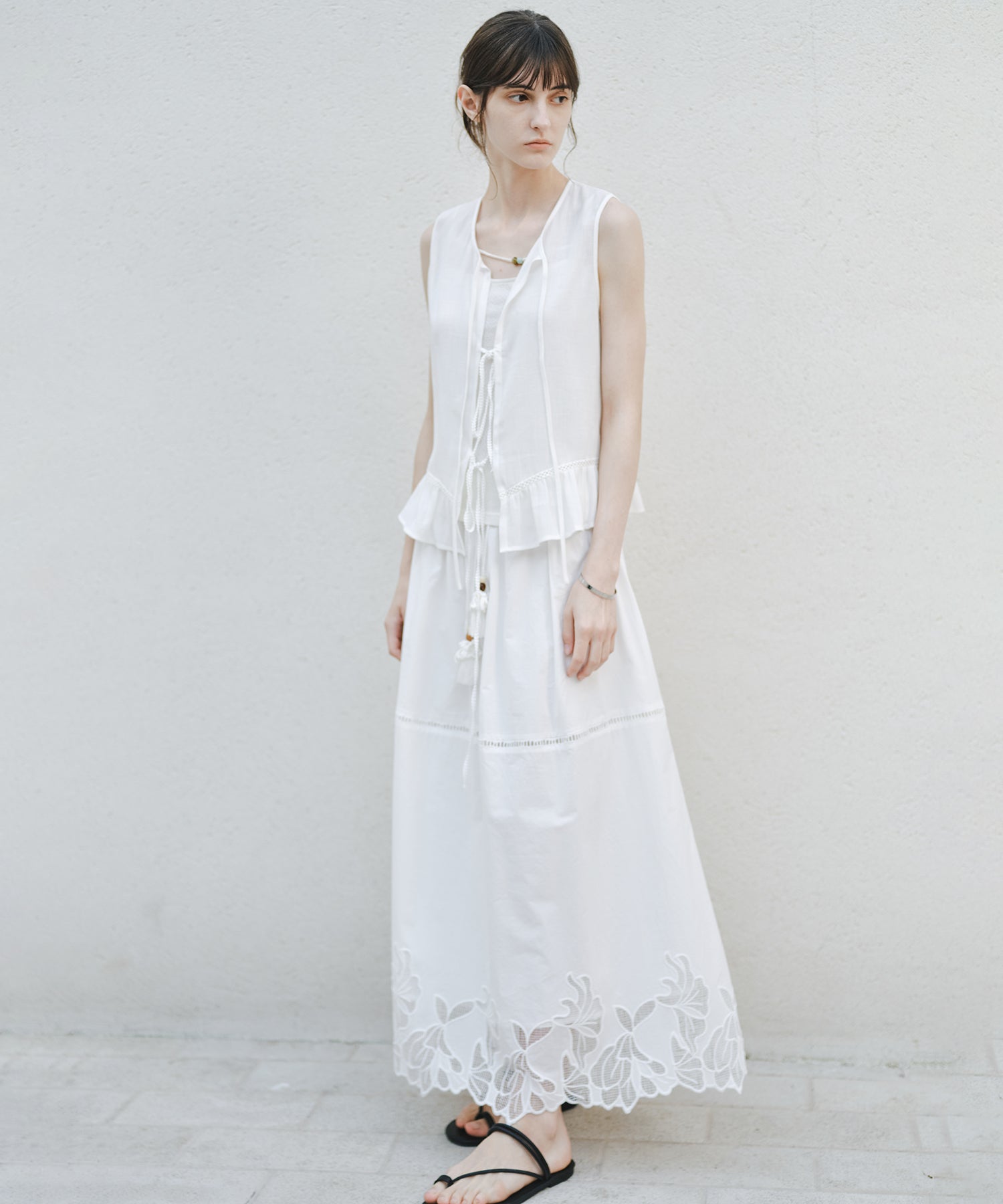 「8月中旬～下旬出荷」Cutwork Embroidery Drawstring Long Skirt