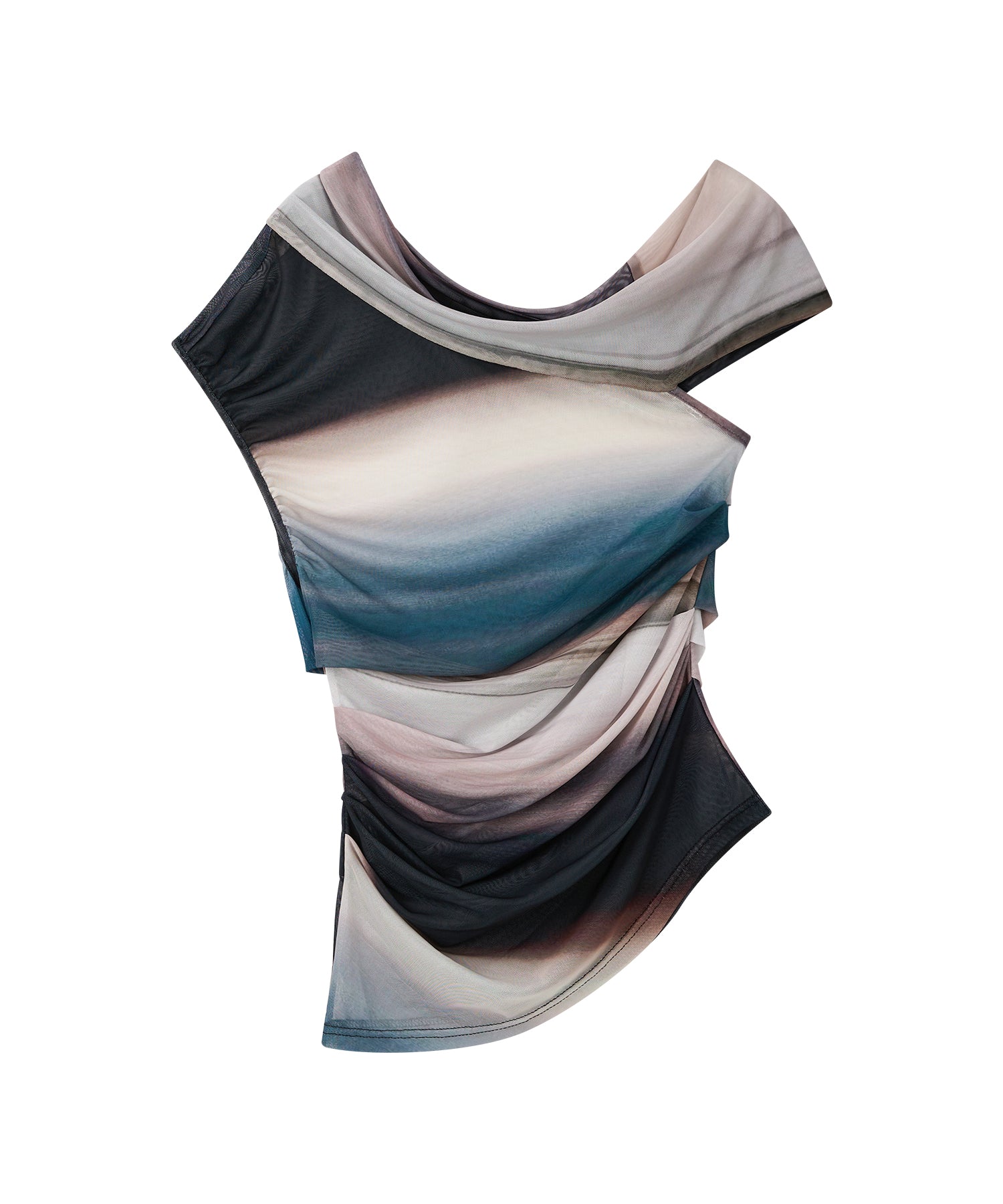 「7月上旬～中旬出荷」Art Print One-Shoulder Sheer Top