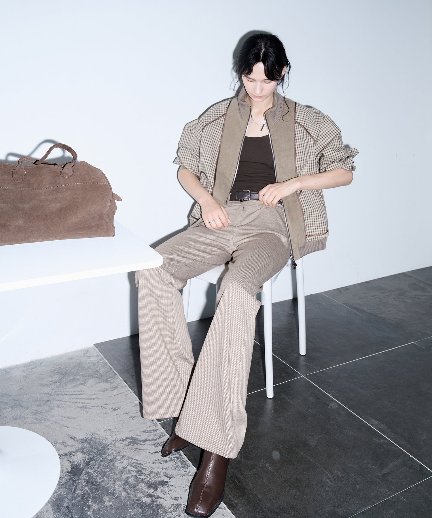 Wool Blend Check Flared Pants
