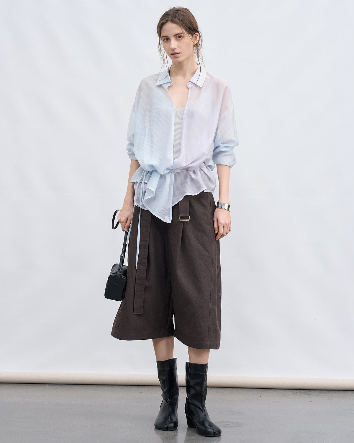 Bi-color Asymmetric Neck Sheer Shirt