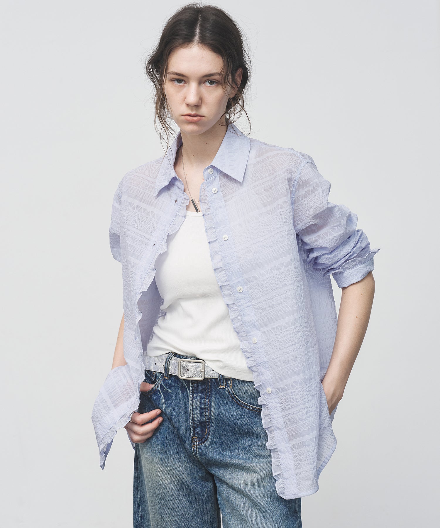 Airy Lace Jacquard Frill Shirt