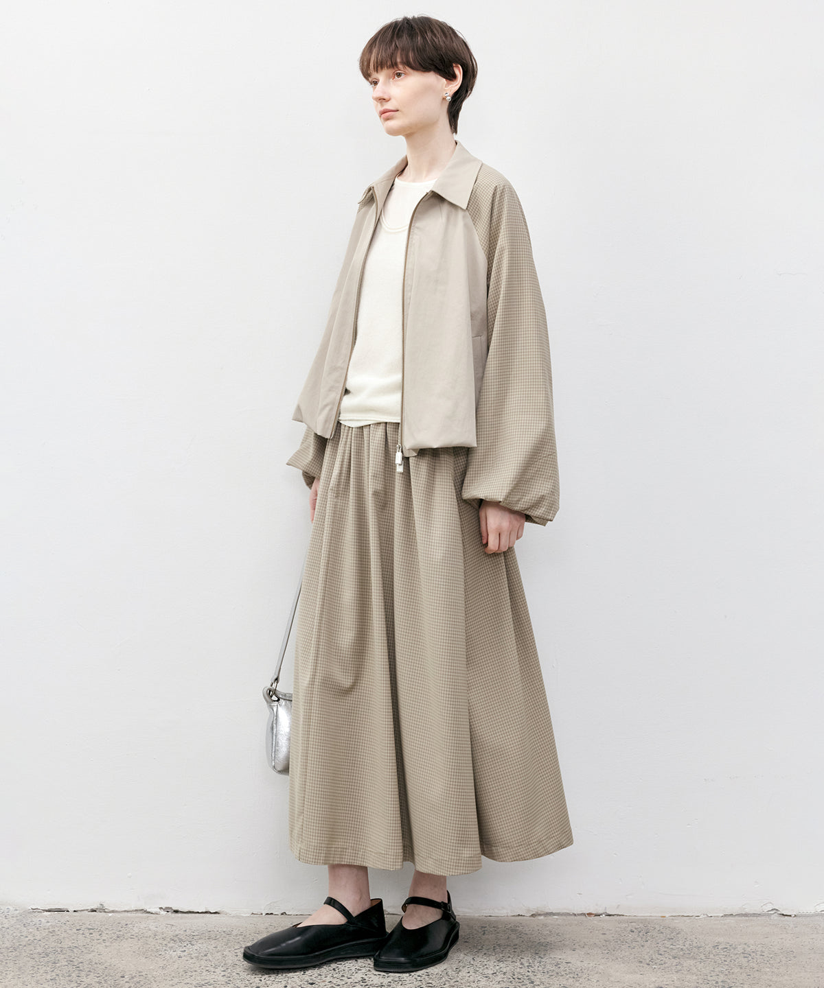 Check Panel Balloon Sleeve Short Blouson