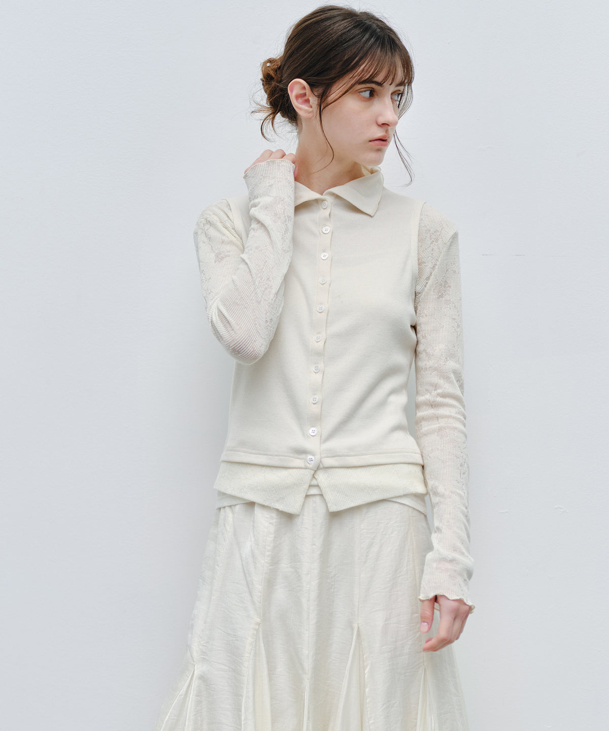 「9月下旬出荷予定」Lace Sleeve Layered Collar Top