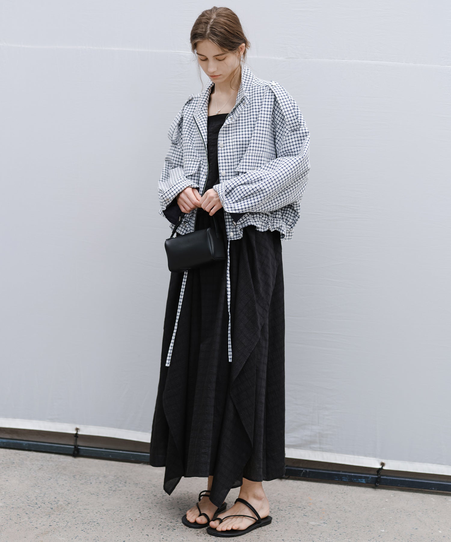 "Shipping late February to early March" Stand Collar Check Drawstring Jacket