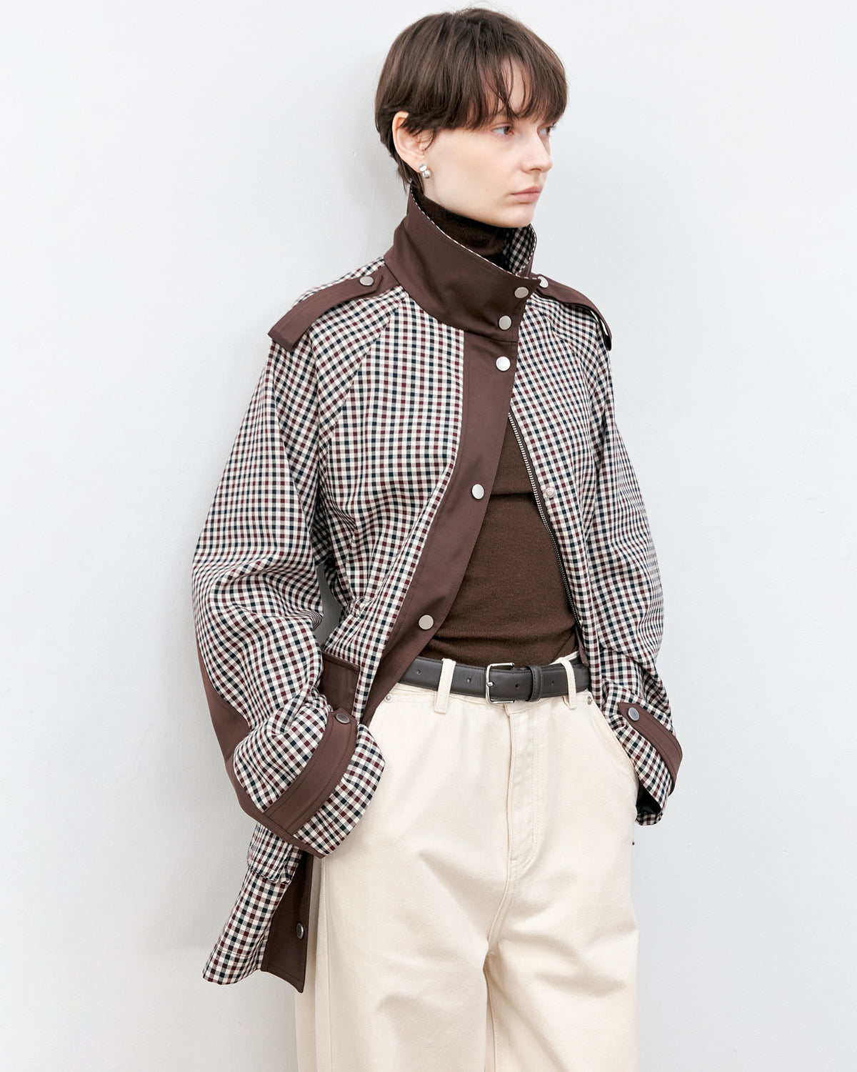 Contrast Panel Checkered Mid-Length Jacket