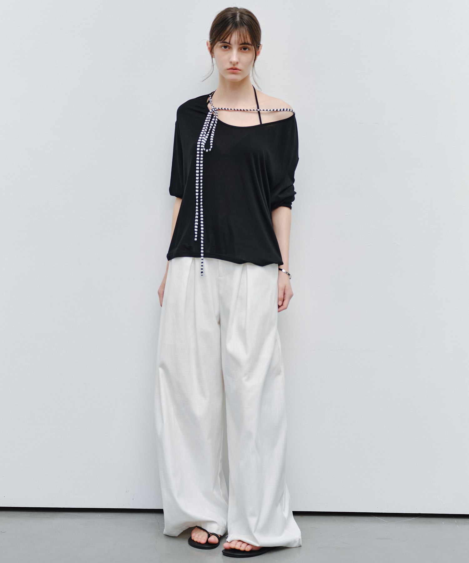 「9月下旬出荷予定」Striped Cord U-Neck Draped Top