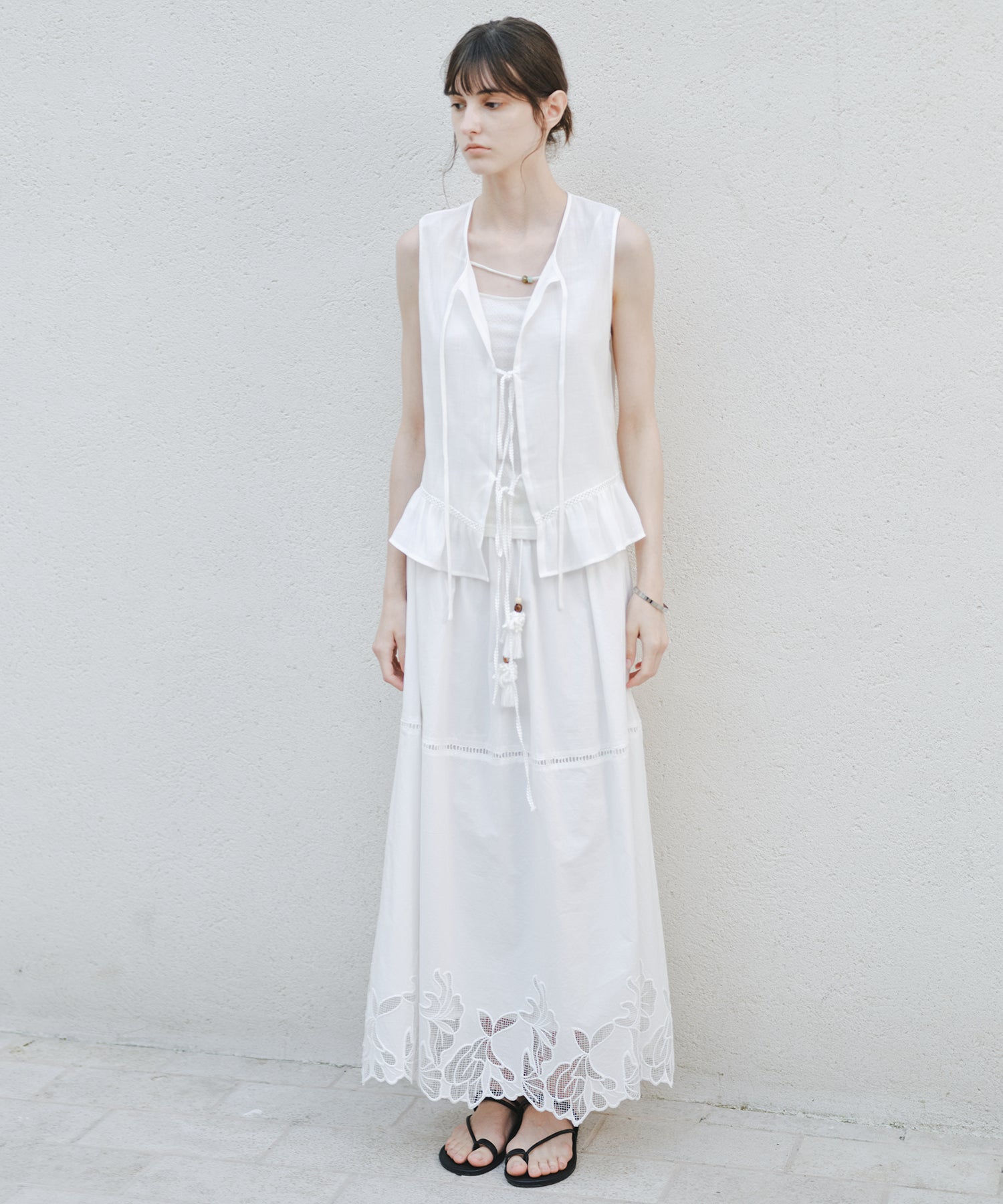 「8月中旬～下旬出荷」Cutwork Embroidery Drawstring Long Skirt