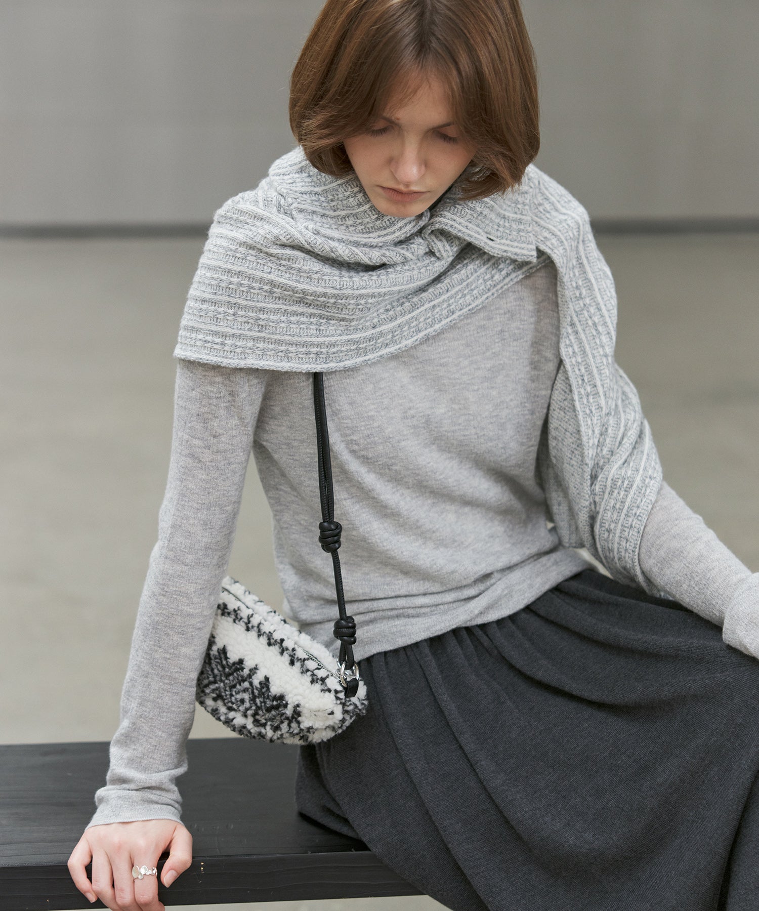 Asymmetric High-Neck Textured Knit Poncho Scarf