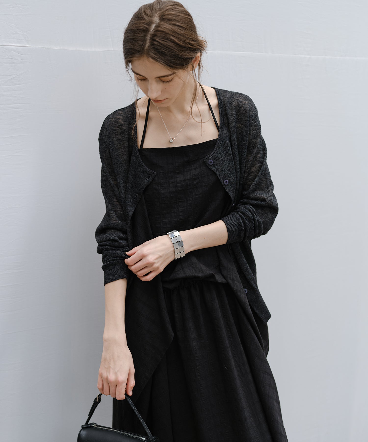 "Ships early March" Sheer Slub Yarn Crewneck Cardigan Set (with Scarf)