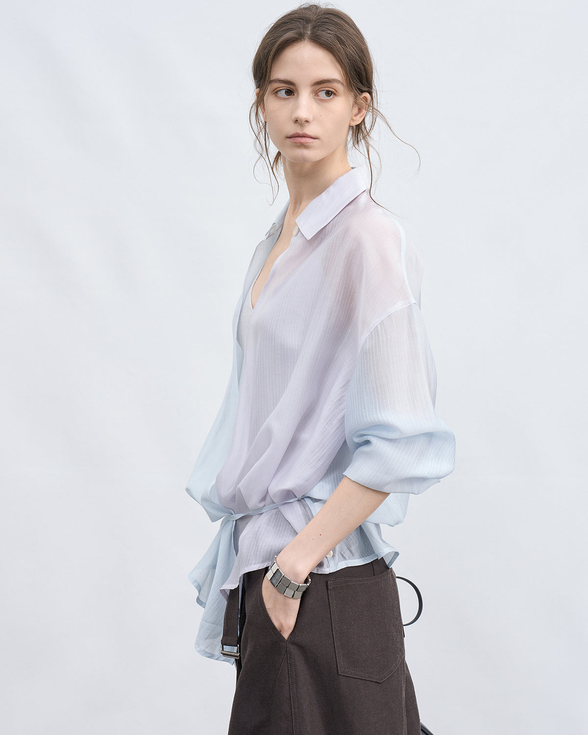 Bi-color Asymmetric Neck Sheer Shirt