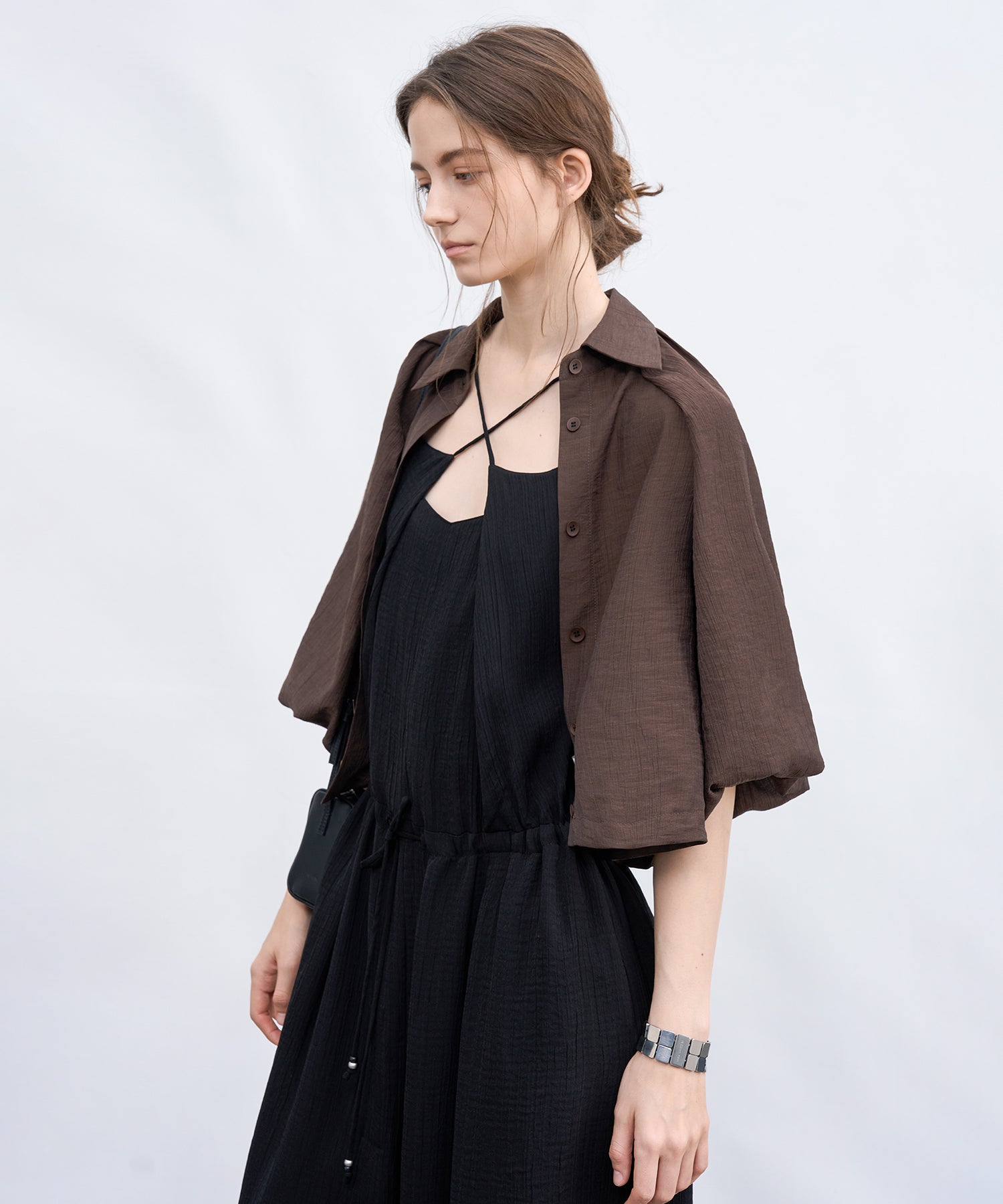「7月上旬～中旬出荷」Sheer Stripe Balloon Sleeve Cropped Shirt